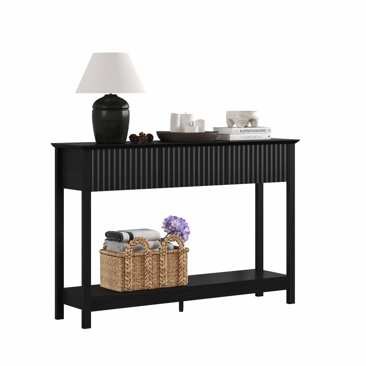 Treocho 47" Fluted Console Table with 3 Drawers, Narrow Long Entryway Table with Storage and Shelf, 2-Tier Sofa Table Behind Couch Accent Tables for Entrance Foyer, Hallway, Living Room, Black