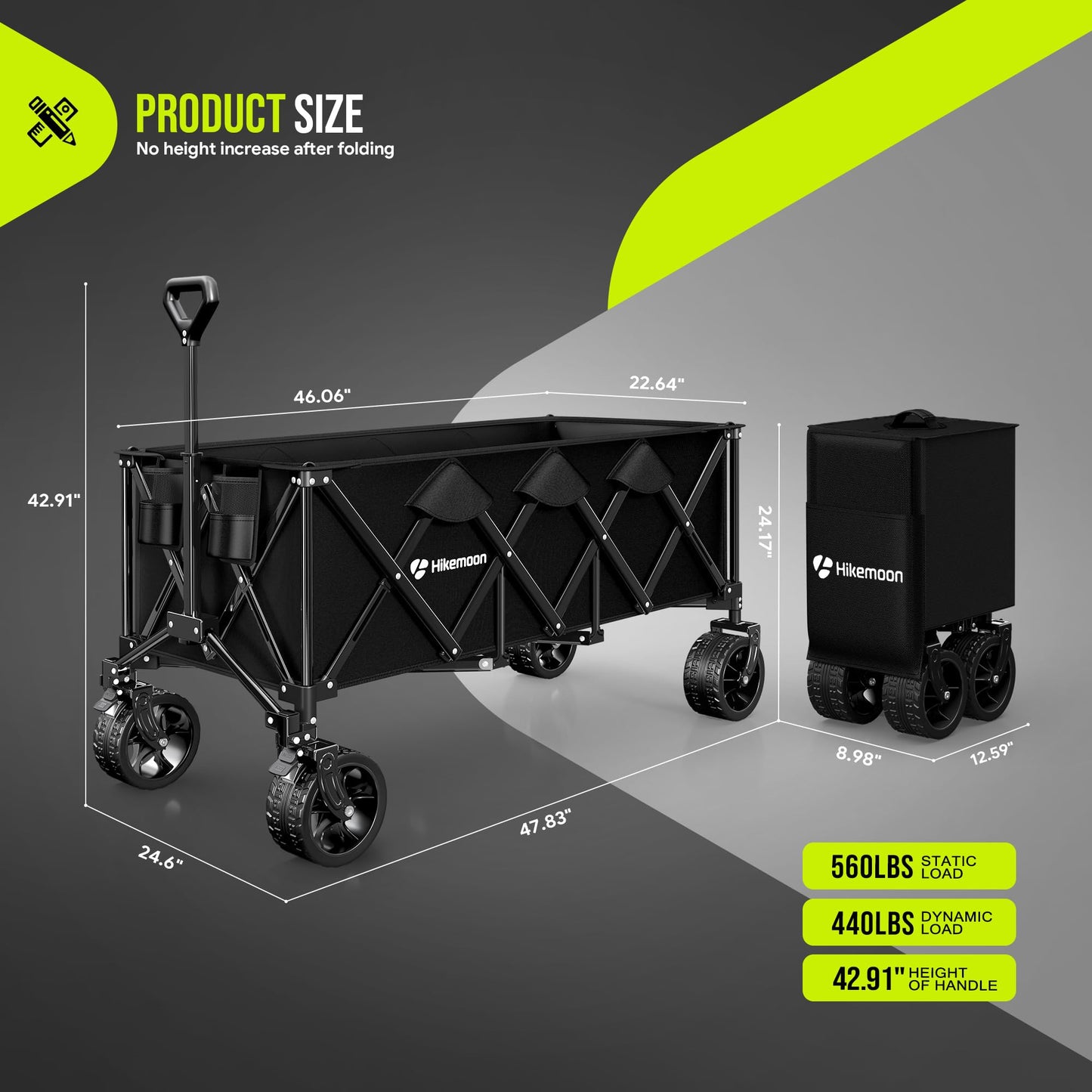 Hikemoon 300L Extra Large Wagons Carts Foldable, 560LBS Heavy Duty Collapsible Beach Wagon 48" Long with Big All-Terrain Wheels, Utility Folding Cart for Camping, Grocery, Sports, Garden, Black
