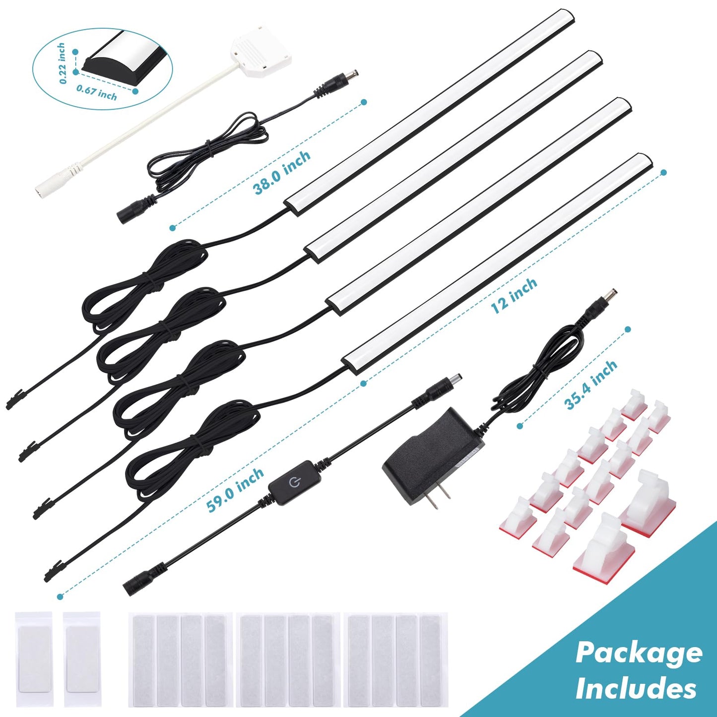 Black Shell Display Cabinet Lights, Under Shelf Lighting with Memory Function, 2 Sets of 4x12 Inch Plug-in Bookshelf Lighting, LED Cabinet Lights for Display Case/Pantry/Closet/Safe, Cold White 6000K