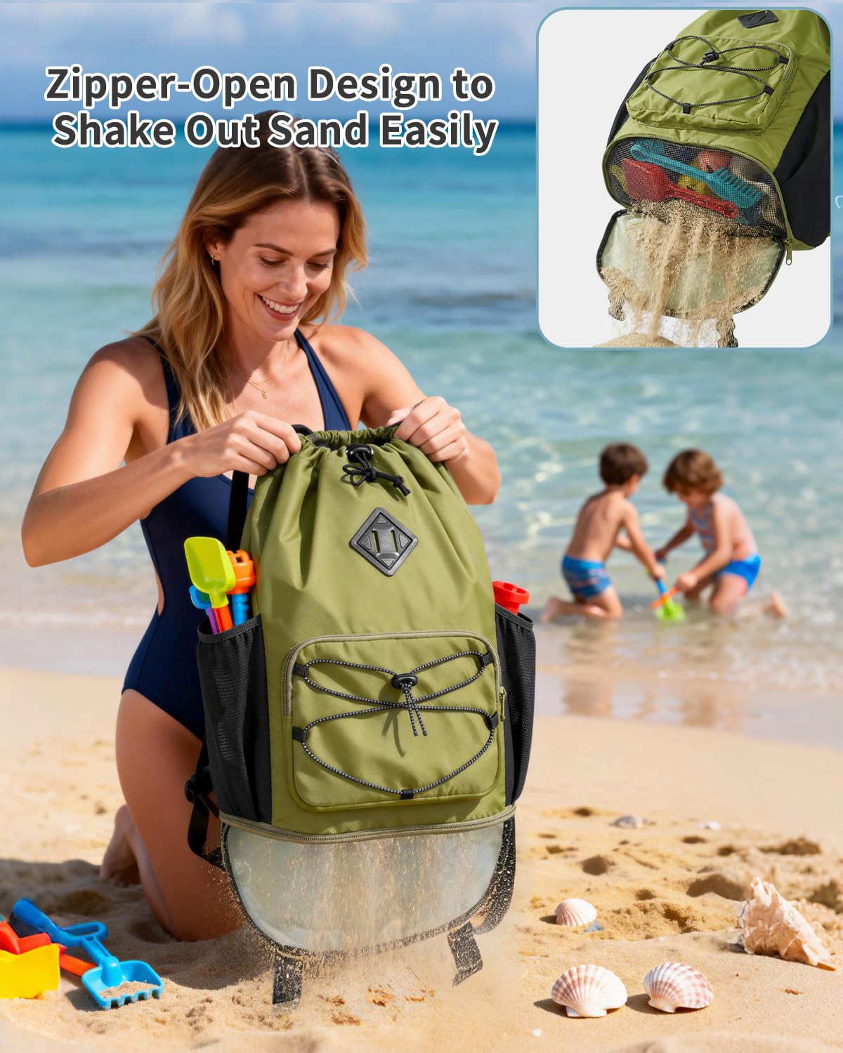 WANDF Drawstring Backpack with Removable Wet Pocket, Sandproof Beach Backpack with Bottom Compression Strap for Beach Mat, Swim Bag for Pool, Gym, Travel and Workout Gear (Dark Green)