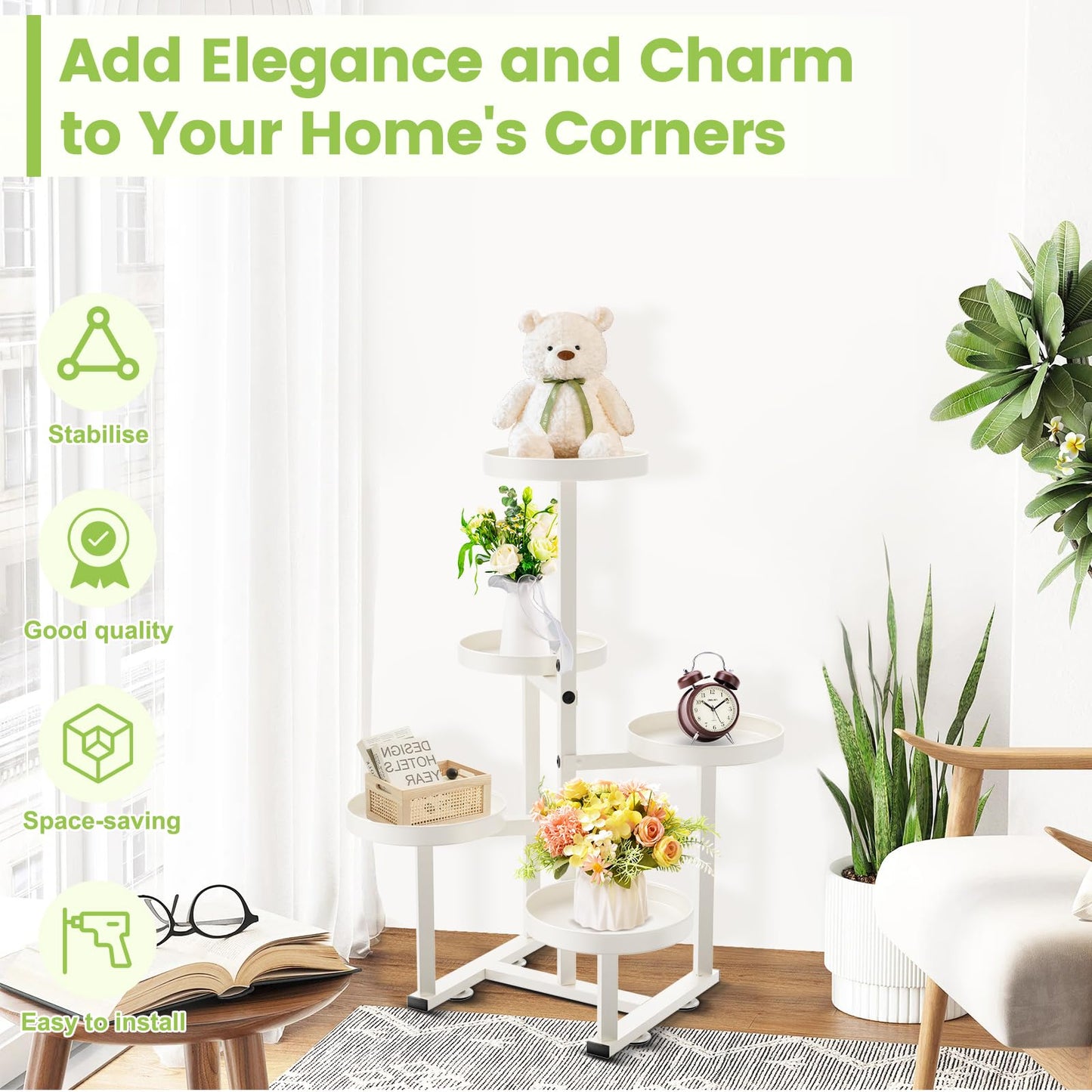 jsyonii Metal Plant Stand Indoor, Corner Flower Pot Stand for Multiple Plants, 5 Tier Heavy Duty Plant Shelf for Patio Living Room Garden Balcony Office White