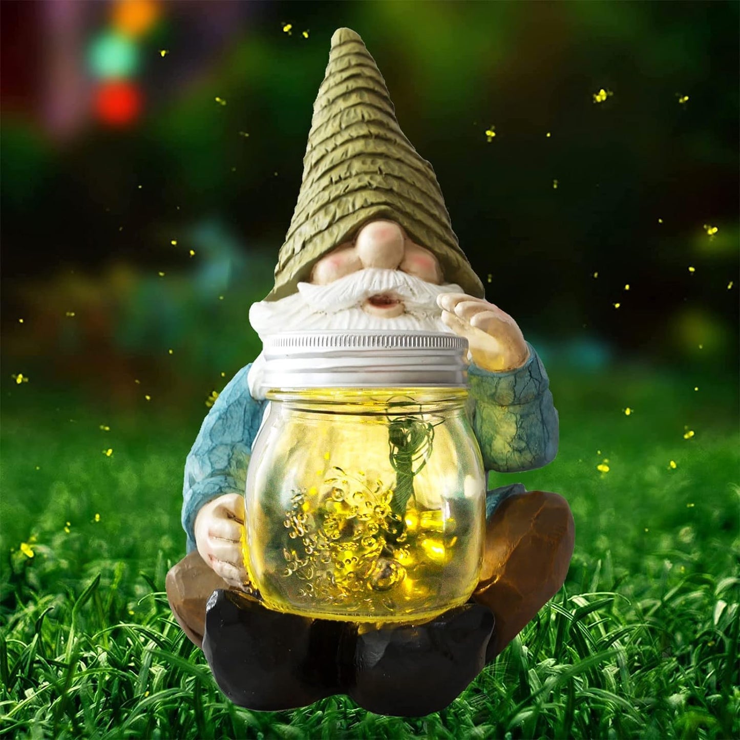 Vcdsoy Solar Firefly Jar Gnome Waterproof, Mother's Day,Birthday Housewarming Gifts for Mom Women,Large Garden Gnome Funny Solar Outdoor LED Lights Resin Statues 10.6" Lantern Figurines Decorations