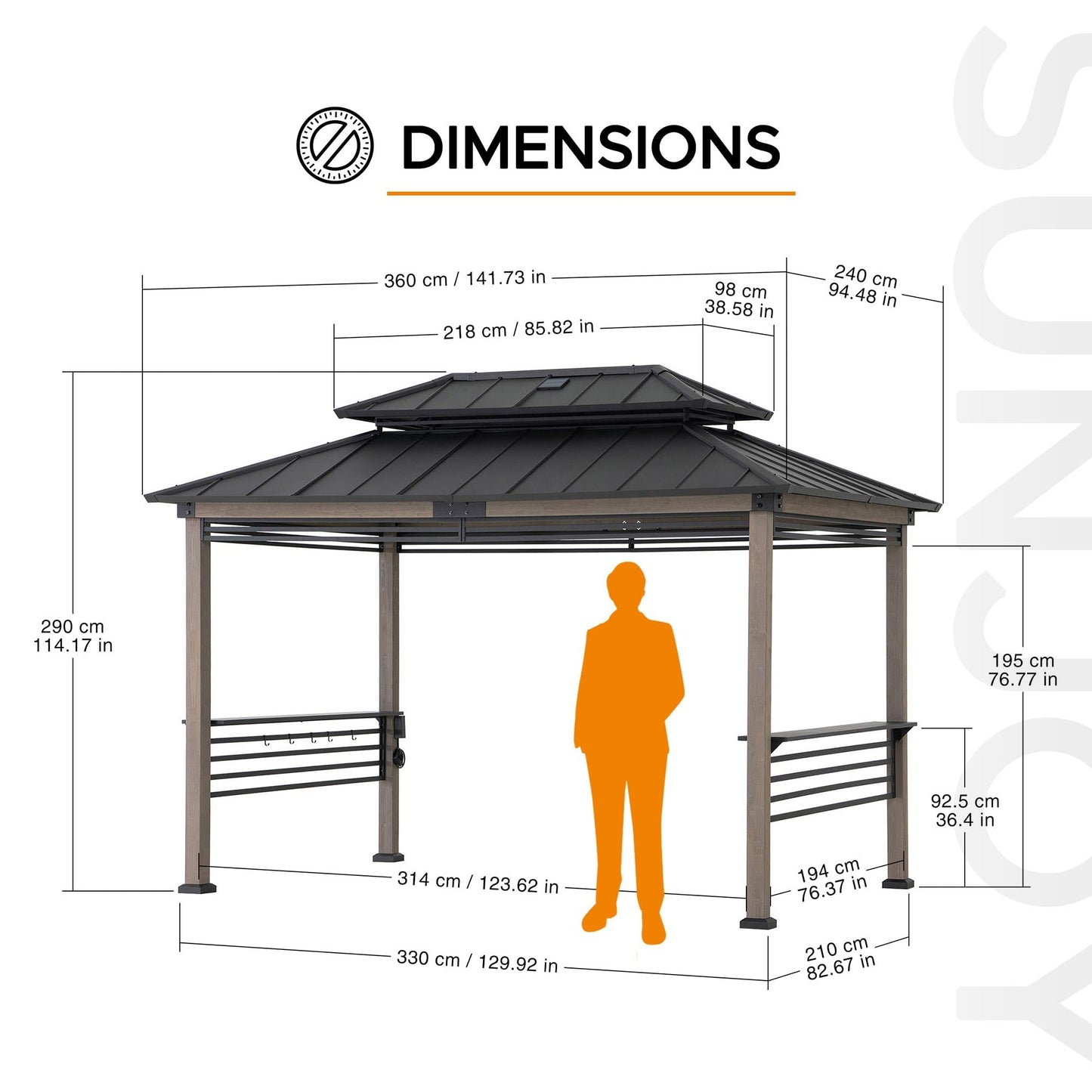 Sunjoy Wooden Grill Gazebo with Solar Power, 8 x 12 ft. Hardtop Gazebo for Year-Round Grilling, Outdoor Cedar Frame Cooking Shelter with Decorative Fence for Backyard BBQs Party, Black