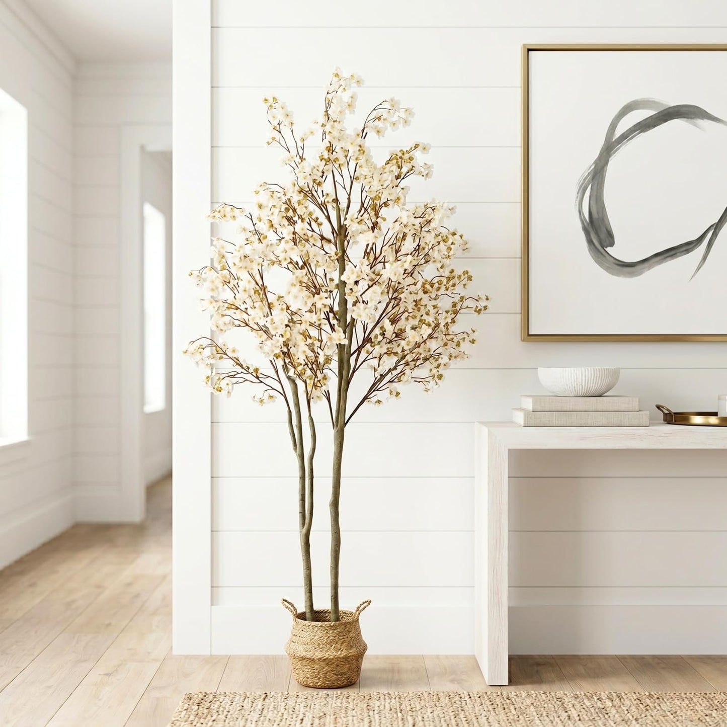 Artificial Cherry Blossom Tree with Lights 6ft Tall, White Faux Cherry Blossom Tree Indoor with LED String Lights, Japanese Sakura Tree for Living Room Office Home Decor