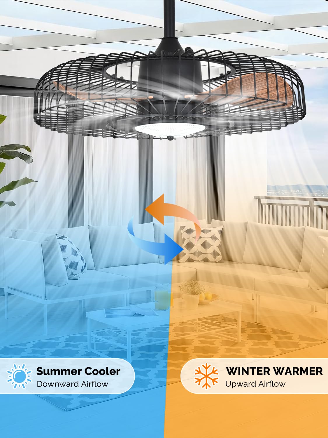Orison Outdoor Ceiling Fans with Lights for Patio, 24" Weatherproof Ceiling Fan, Gazebo Fan Remote & APP Control, 3CCT Dimmable,Caged Plug in Ceiling Fan with Hanging Hook for Pergola Porch Canopy