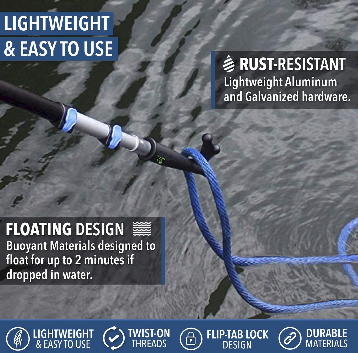 EVERSPROUT 5-to-12 Foot Boat Hook & Scrub Brush Kit (15-20 Foot Reach) | Soft-Bristle Deck Brush with Built-In Bumper Prevents Scratching | Durable Lightweight 3-Stage Extension Pole | Floating Design