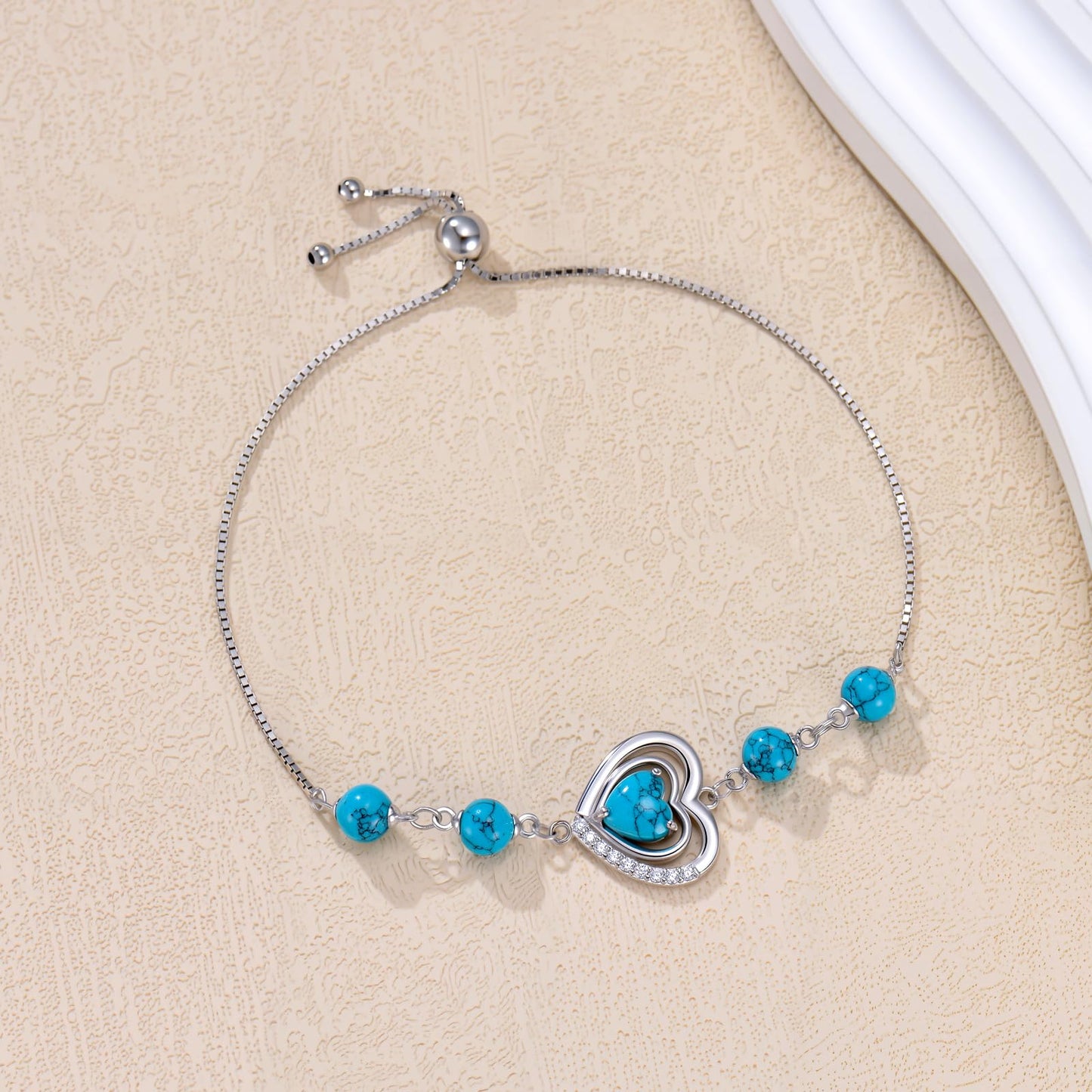 PEIMKO 925 Sterling Silver Heart Turquoise Exquisite Bracelet Boho Style Bracelet Jewelry Gifts for Women Mother-7