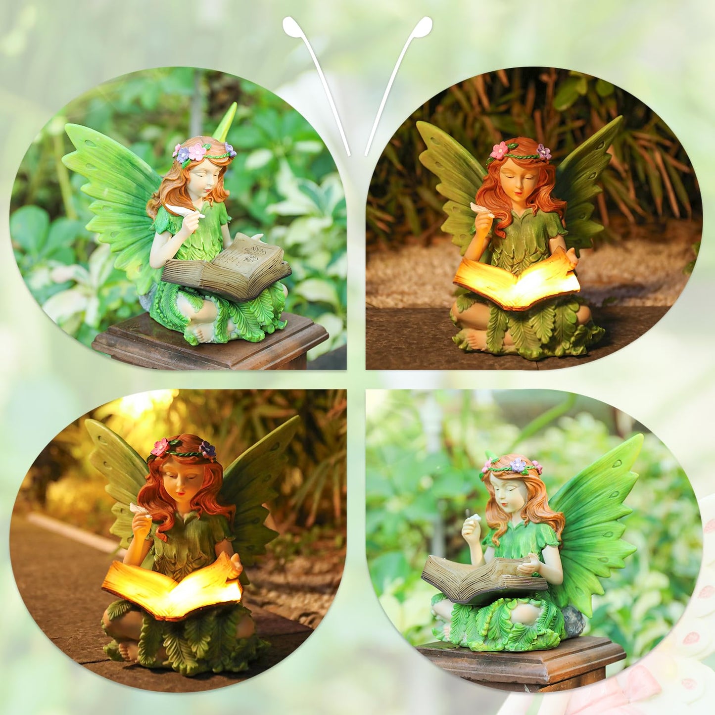 Afirst Solar Garden Fairy Statue, Green Fairy Solar Light Outdoor Resin Statues Figurine Light, Angel Reading Book Sculpture Solar Light for Outside Patio Garden Yard Lawn Decor