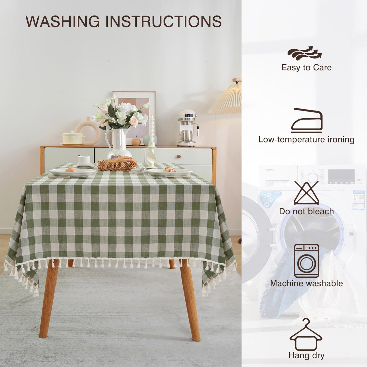 JIALE Spring Gingham Tablecloth Rectangle Cotton Linen Fabric Checkered Table Cloth with Tassel Washable Wrinkle Free Buffalo Plaid Table Cover for Outdoor Party Picnic Kitchen Dining, Green, 55x75