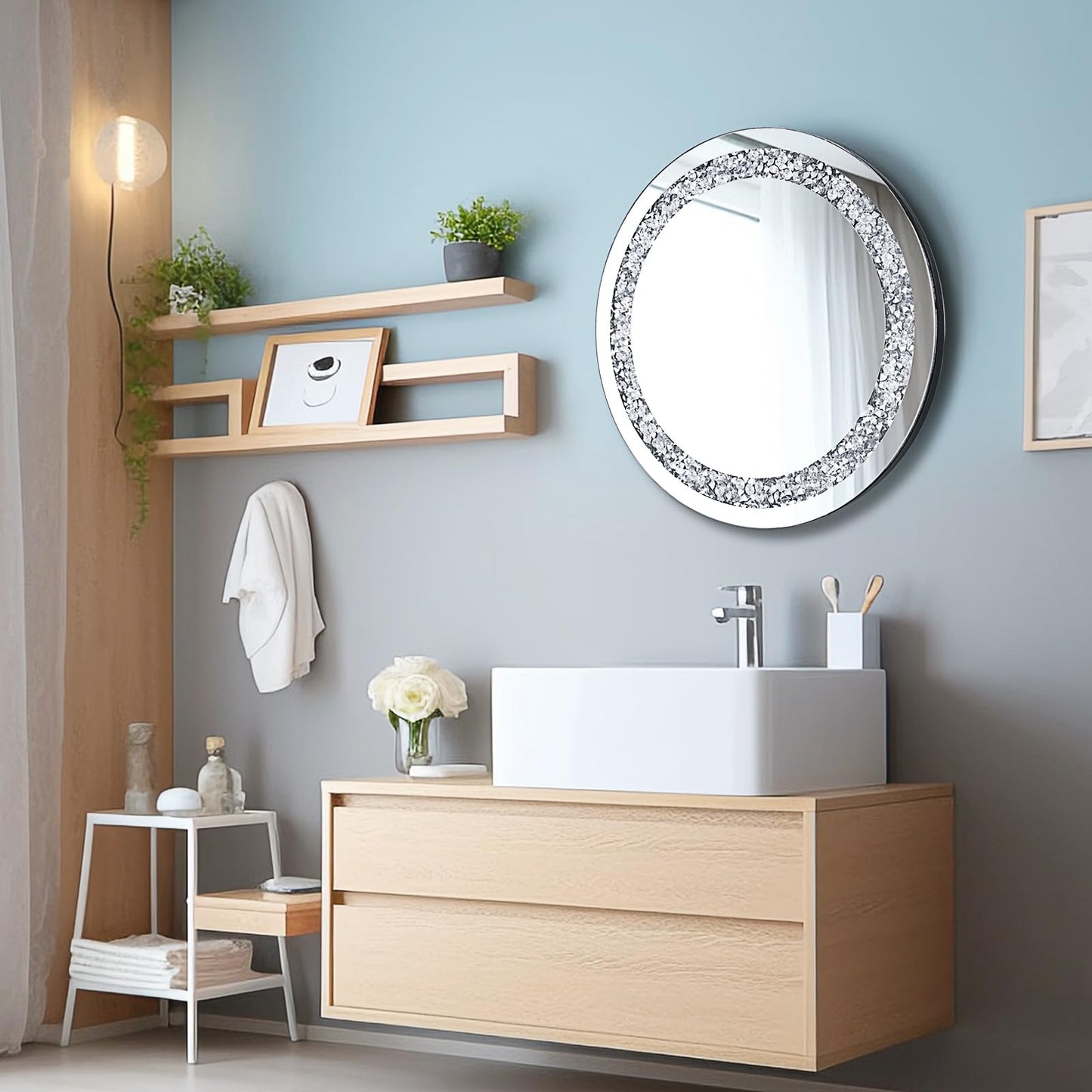 24 Inch Crushed Diamond Round Glass Wall Mirror, Bathroom Mirror, Wall Decoration Hanging Mirror, Suitable for Living Room, Bedroom, Vanity