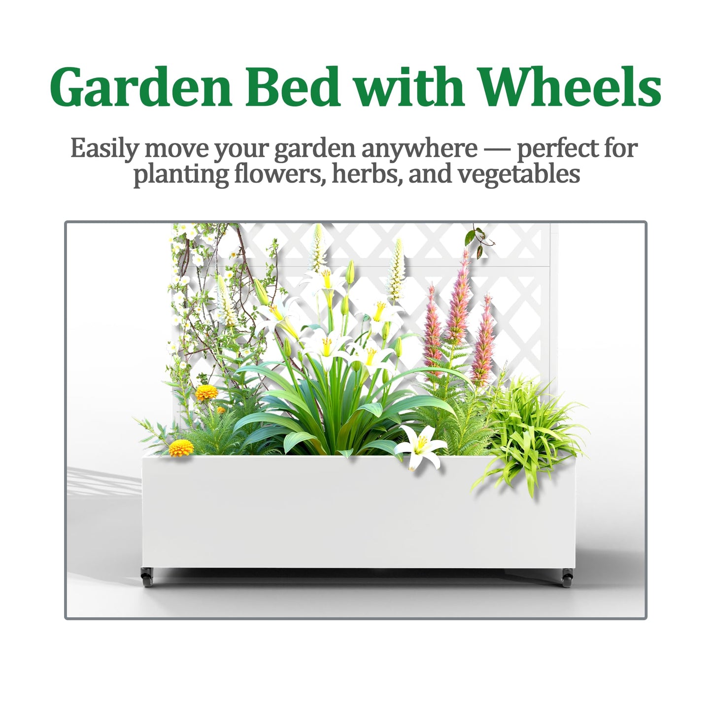 Metal Raised Garden Bed with Trellis and Wheels, 2 in 1 Trellis with Planter Box & Privacy Screen for Climbing Plants, Outdoor Standing Flower Beds with Drainage Holes, 47.2''L×15.7''W×70.9''H, White