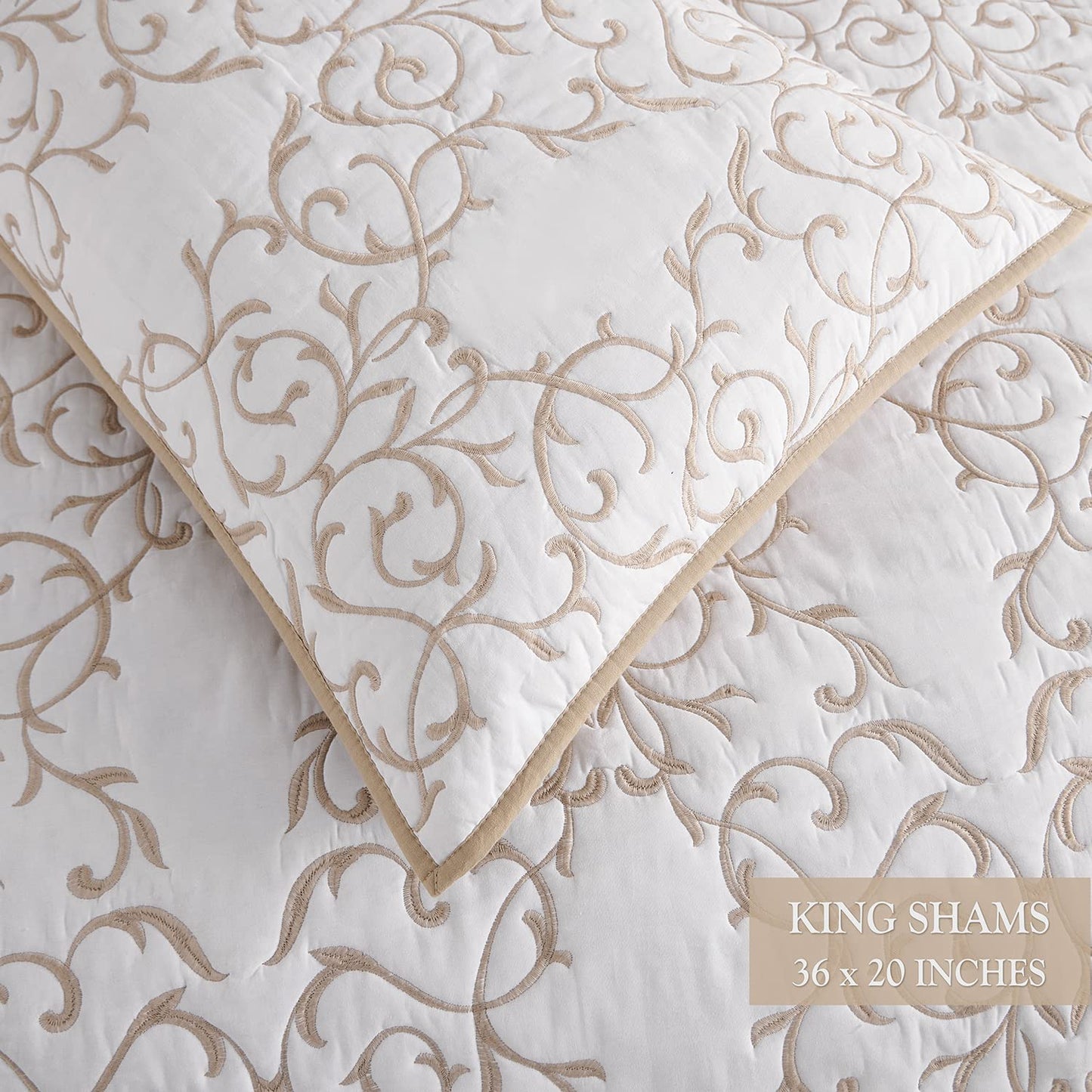 Querencia Cotton Quilt King Size - Embroidered Beige Quilt Tan Cotton Coverlet, French Country Toile Bedding, Farmhouse Bed Spread Set Neutral (Beige and White, King/Cal King, 3 Pieces)