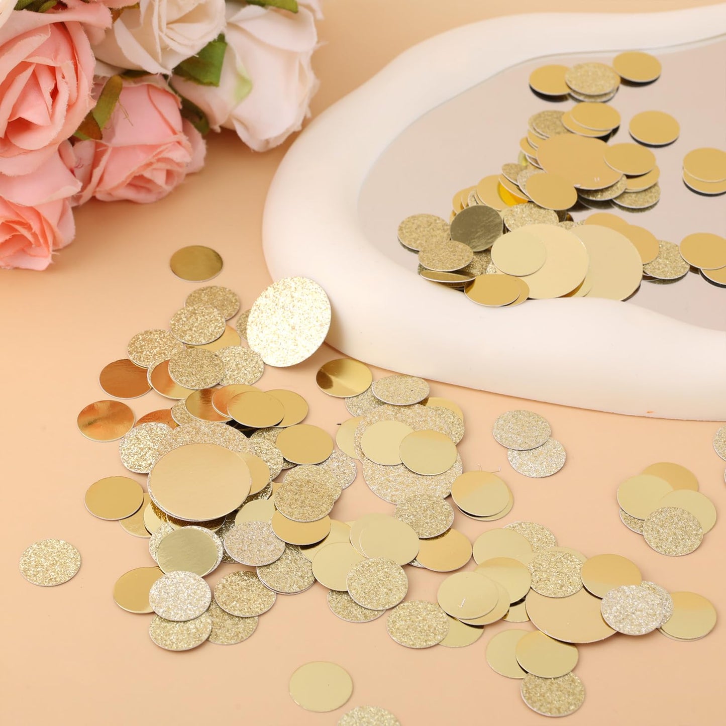 200pcs Round Golden Confetti, 2 Styles & 2 Sizes Gold Circle Confetti Dots Glitter & Smooth Scatter Table Sequins for Wedding Birthday Baby Shower Party Circle Dot Decor