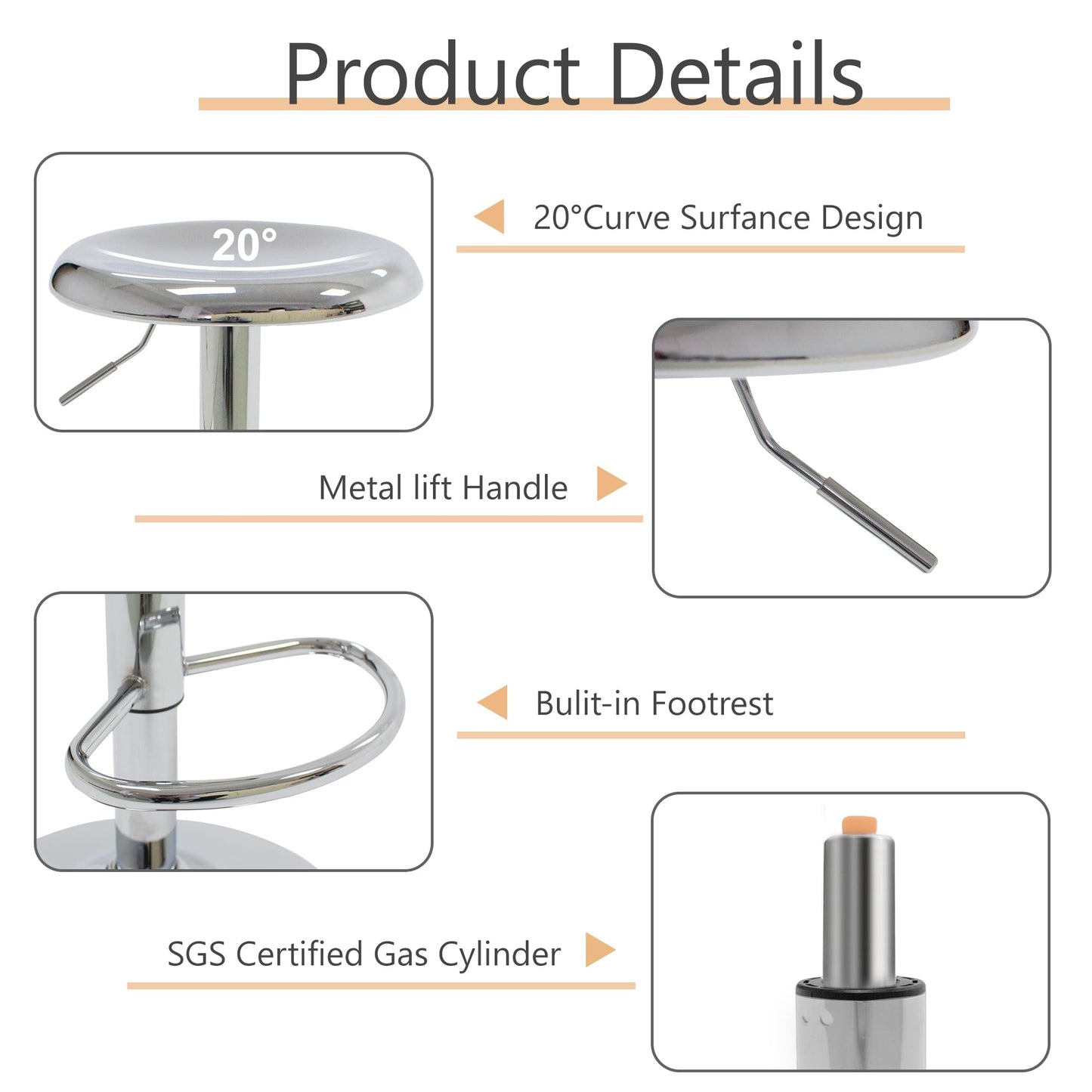 CAROLMADE Bar Stools Set of 2, Adjustable Metal Bar stools Swivel Counter Height Stool Backless Barstools for Kitchen Island Pub, Chrome