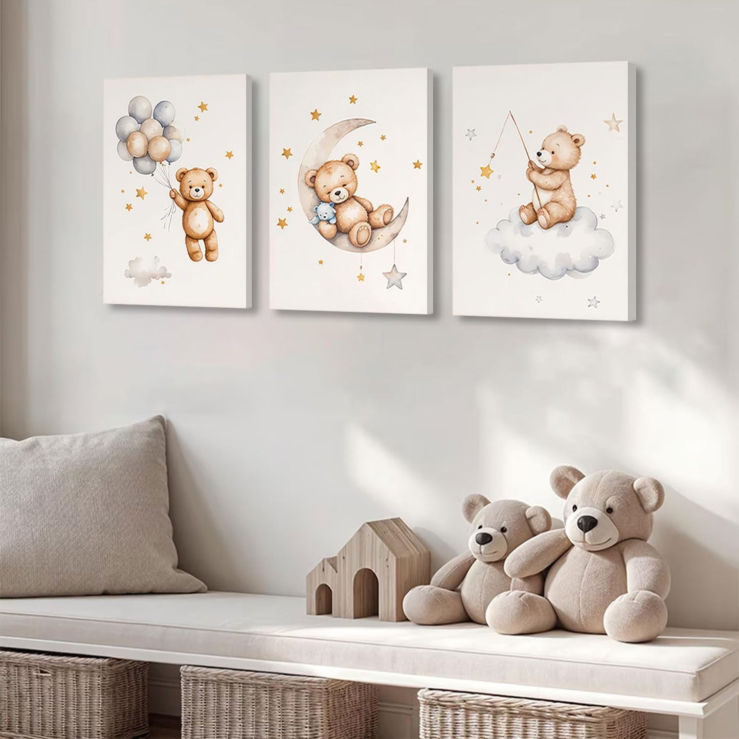3 Pcs Framed Teddy Bear Nursery Canvas Wall Art Bear Sleeping on The Moon and Stars Wall Decor Pictures Balloon Cloud Neutral Poster Prints for Kids Baby Room Kindergarten Home Decoration 12x16in