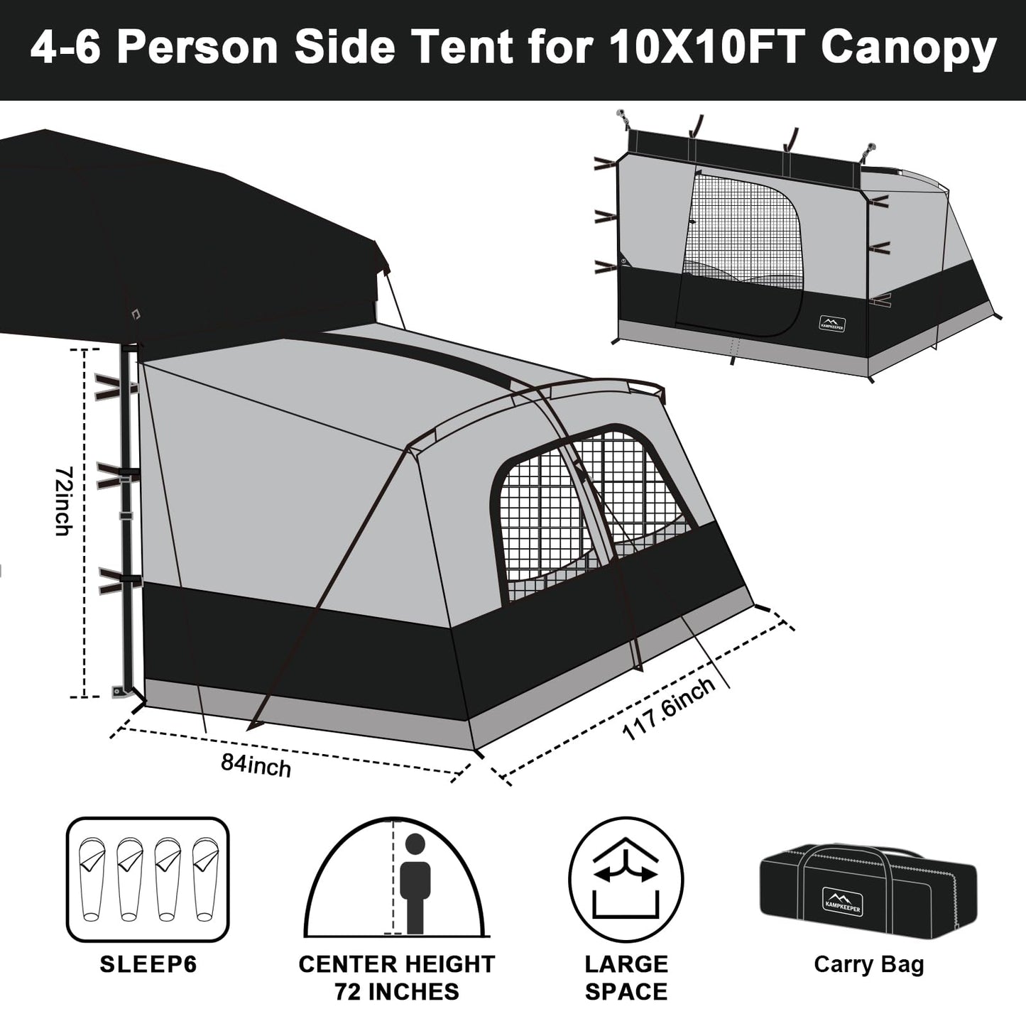 KAMPKEEPER Canopy Side Tent,4-6 Person Camping Cube Tent for 10x10 Pop Up Canopies,Easy Up Gazebo with Window,Compatible with 10' Wide Canopy Tents (Black)