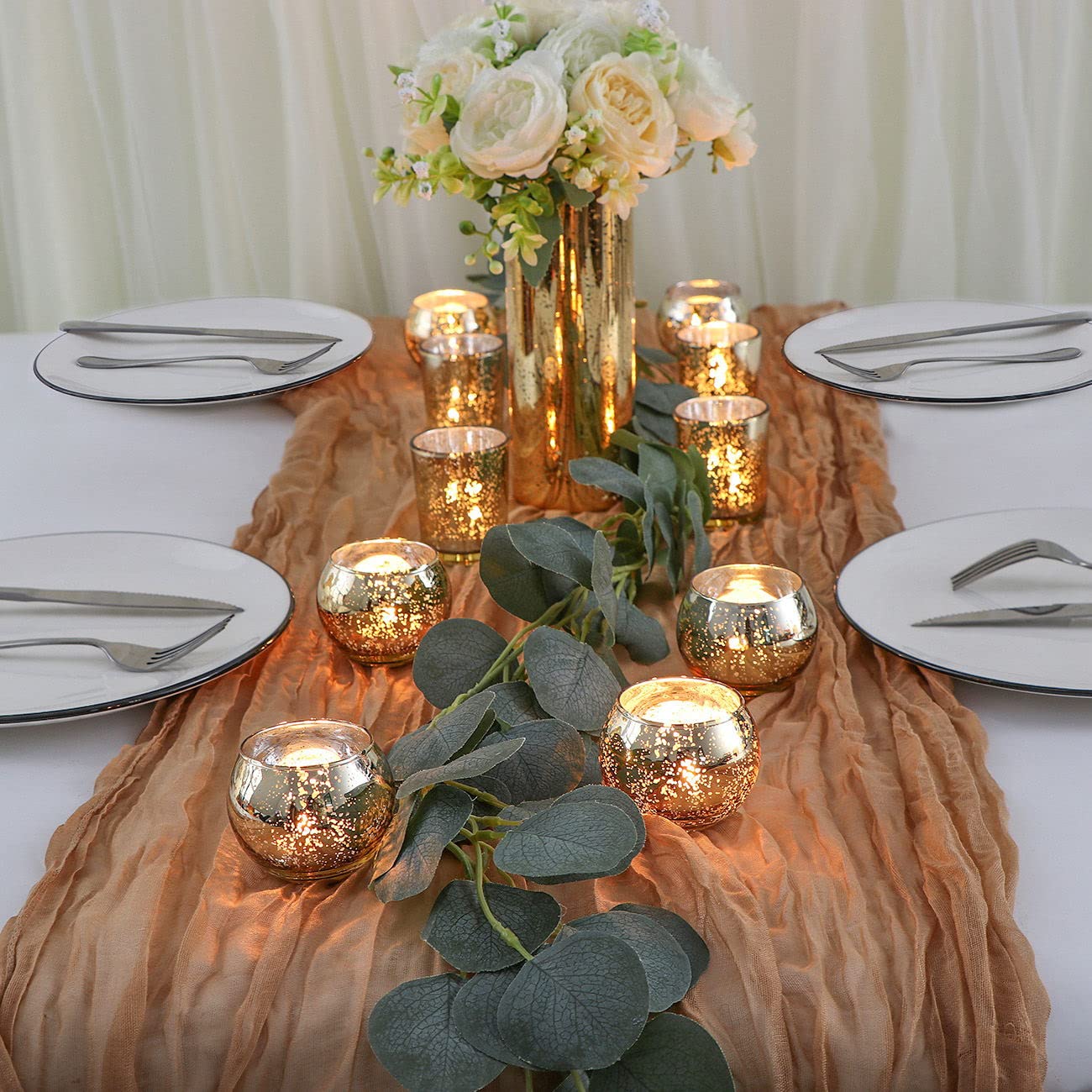DEVI 24pcs Assorted Gold Votive Candle Holders, Mercury Glass Candle Holder, Diwali Decorations, Gold Wedding Centerpieces for Tables, Bridal Shower Party Table Decorations