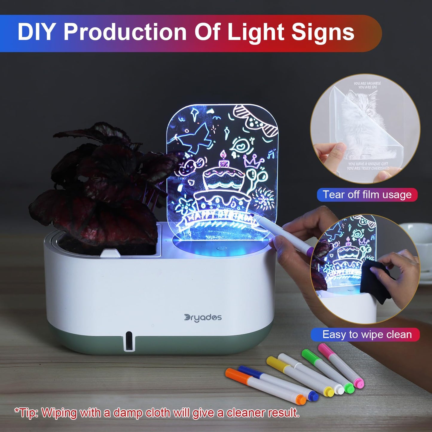 Self-Watering Plant Pot with LED Note Board & 7 Colors Pen Acrylic Message Board with Light Acrylic Dry Erase Board, Led Cat Board Night Light with Planting Pot for Christmas(No Plant&Seed)