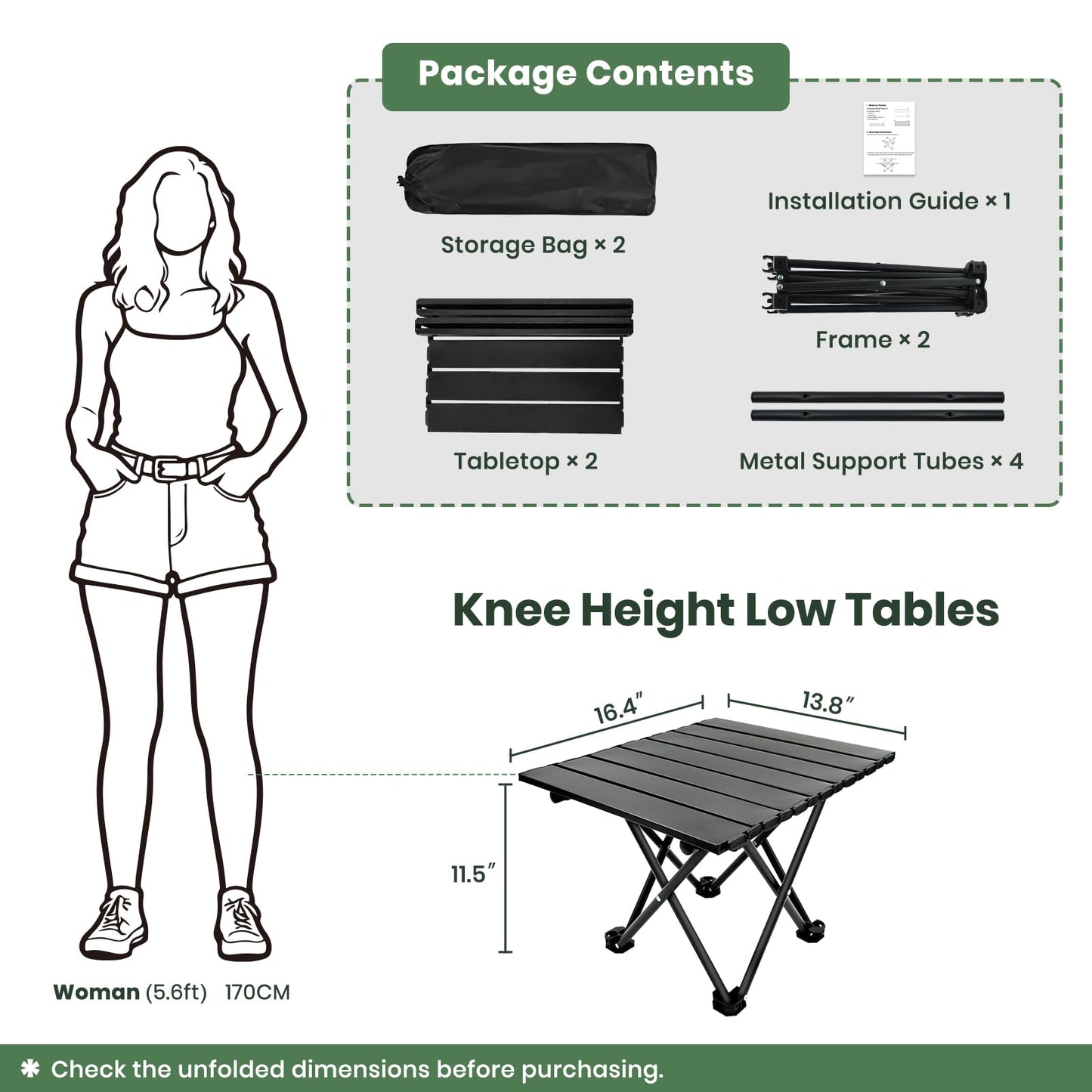 hediya 2 Pack Portable Camping Table Foldable, Ultralight Small Folding Beach Table with Carry Bag for Outdoor Travel, Beach, Camp, Picnic, BBQ, Cooking, Festival, Boat, Home Use (Black-S)
