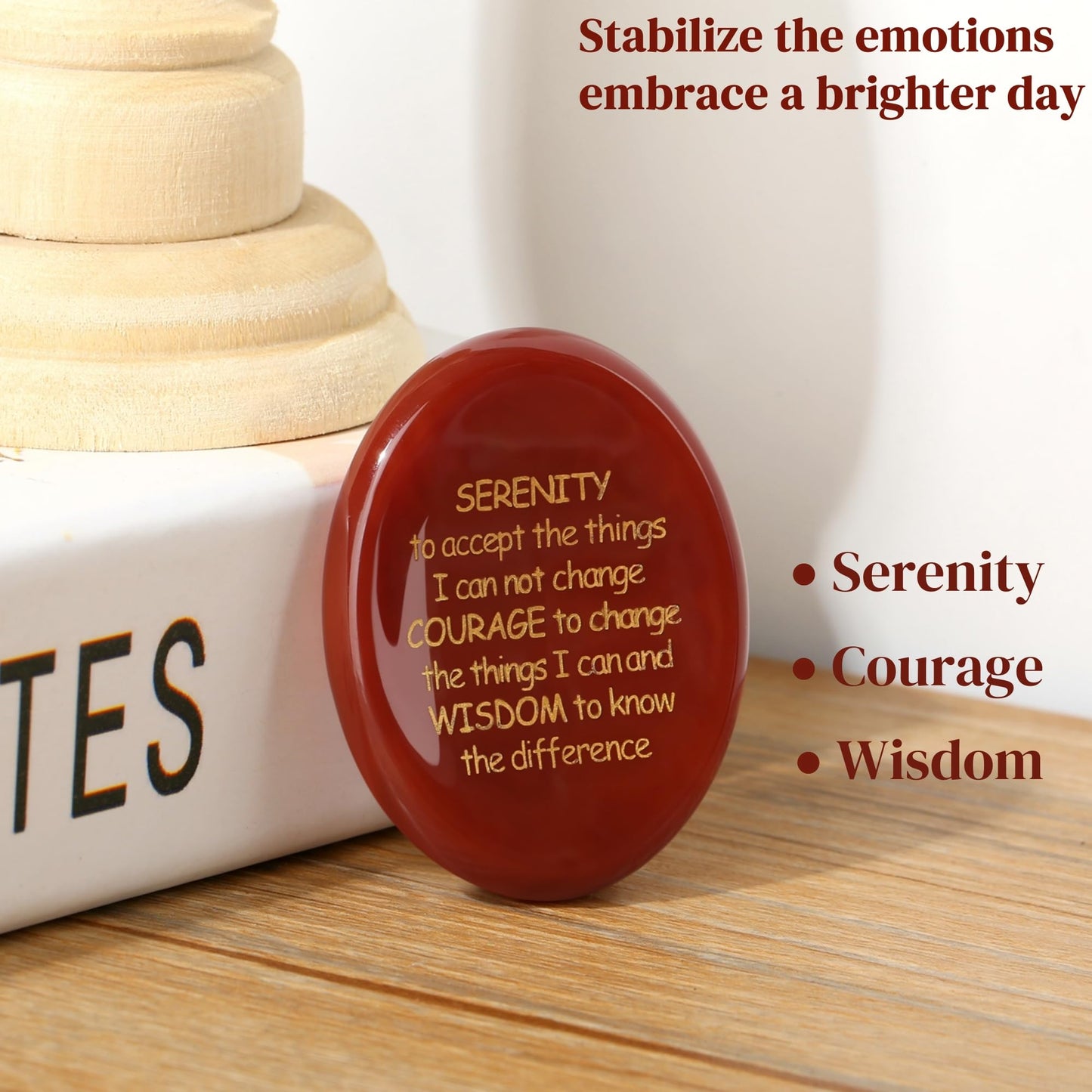 QINJIEJIE Serenity Prayer Red Carnelian Agate Crystal Healing Stones Worry Stones for Anxiety Engraved Inspirational Stones Anxiety Relief Items Encouragement Gifts for Women Friends Teacher