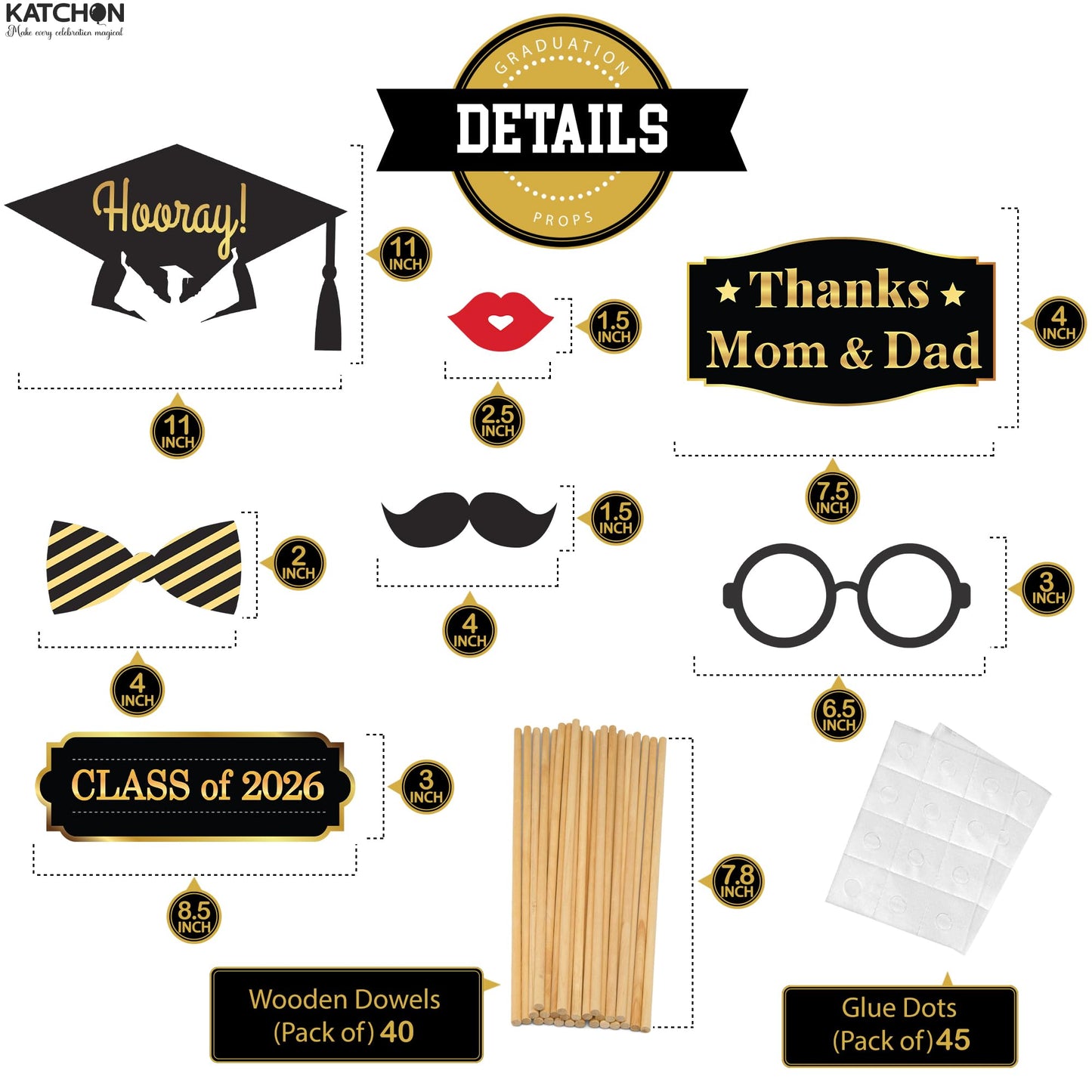 KatchOn, Graduation Photo Booth Props - Pack of 40 | Black and Gold Grad Photo Props, Graduation Decorations 2026 | Congrats Grad Props for Photoshoot 2026, Class of 2026 Decor | Grad Party Supplies