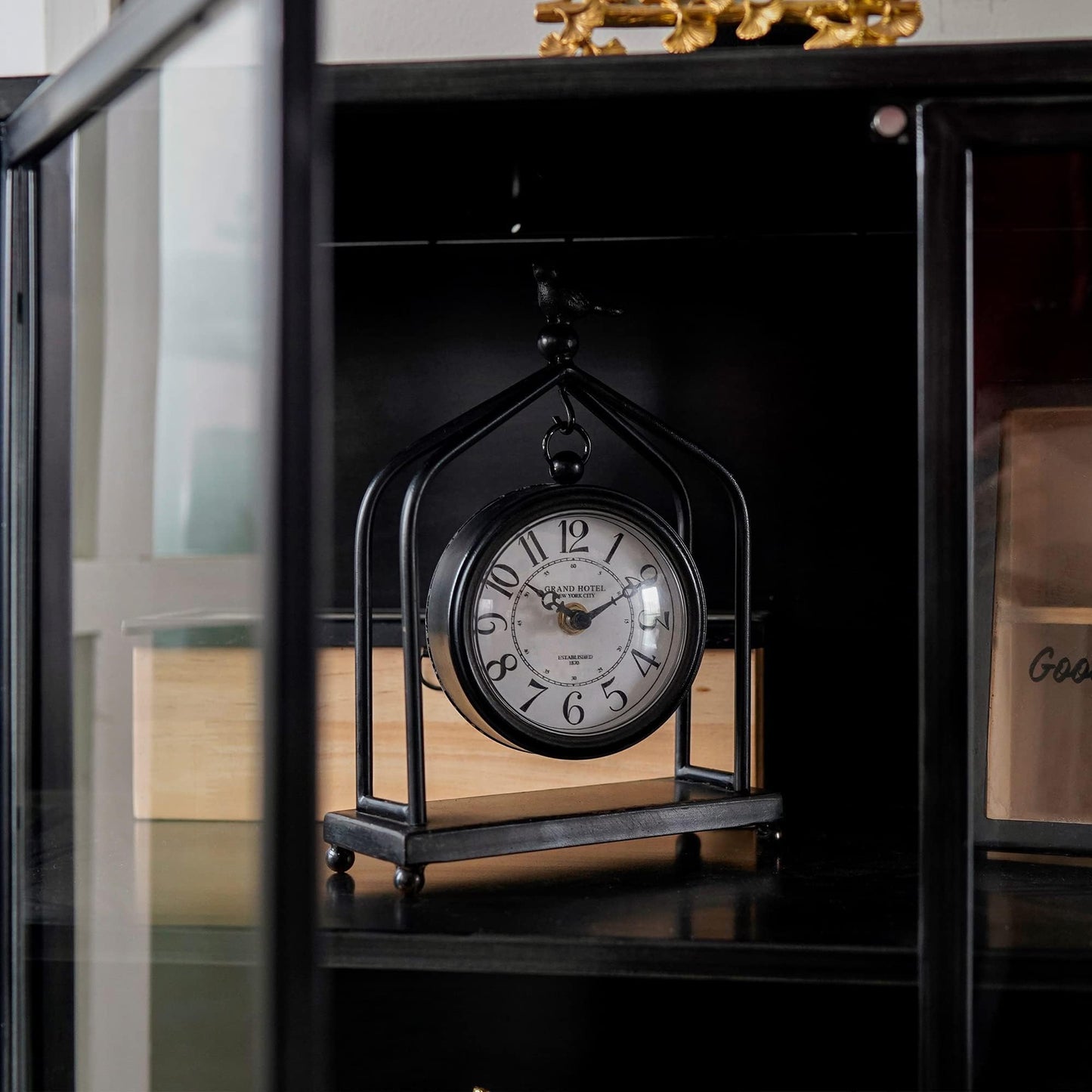 SOFFEE DESIGN 7.5'' x 10'' Mantel Clock Iron Tower Frame, Creative Bird Ornament Tabletop Clock, Silent Clock with Hollow Carved Back Cover for Home Decor, Black