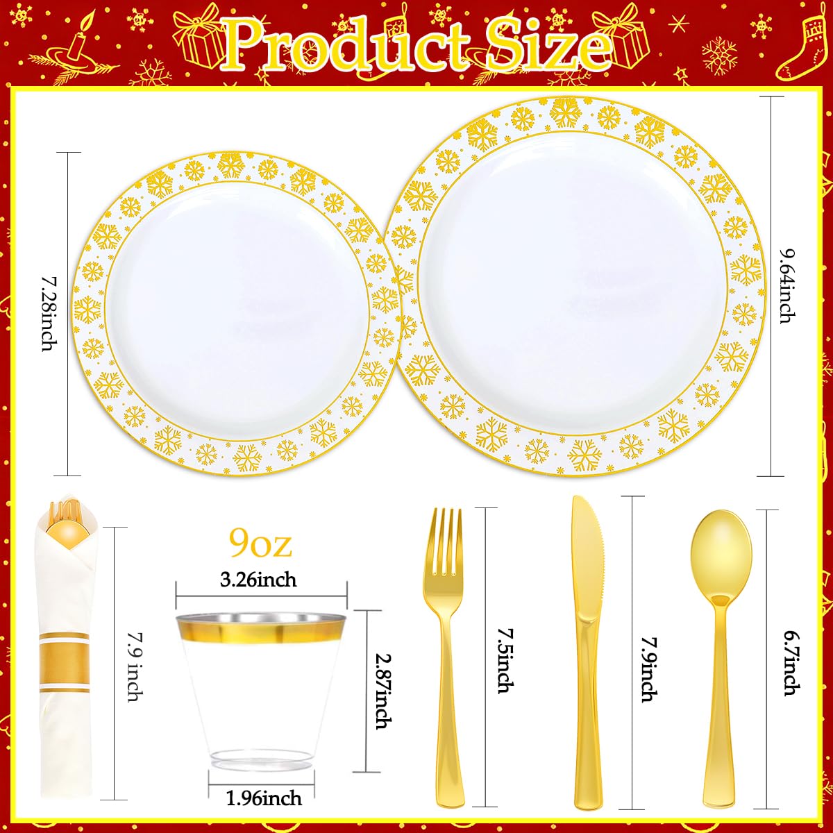 175 Pcs Christmas Plastic Plates Dinnerware Set Disposable Winter Snowflake Plates Include Plate,Gold Cups,Pre Pre Rolled Napkins with Gold Plastic Silverware for Holiday Winter Party (25 Guests)