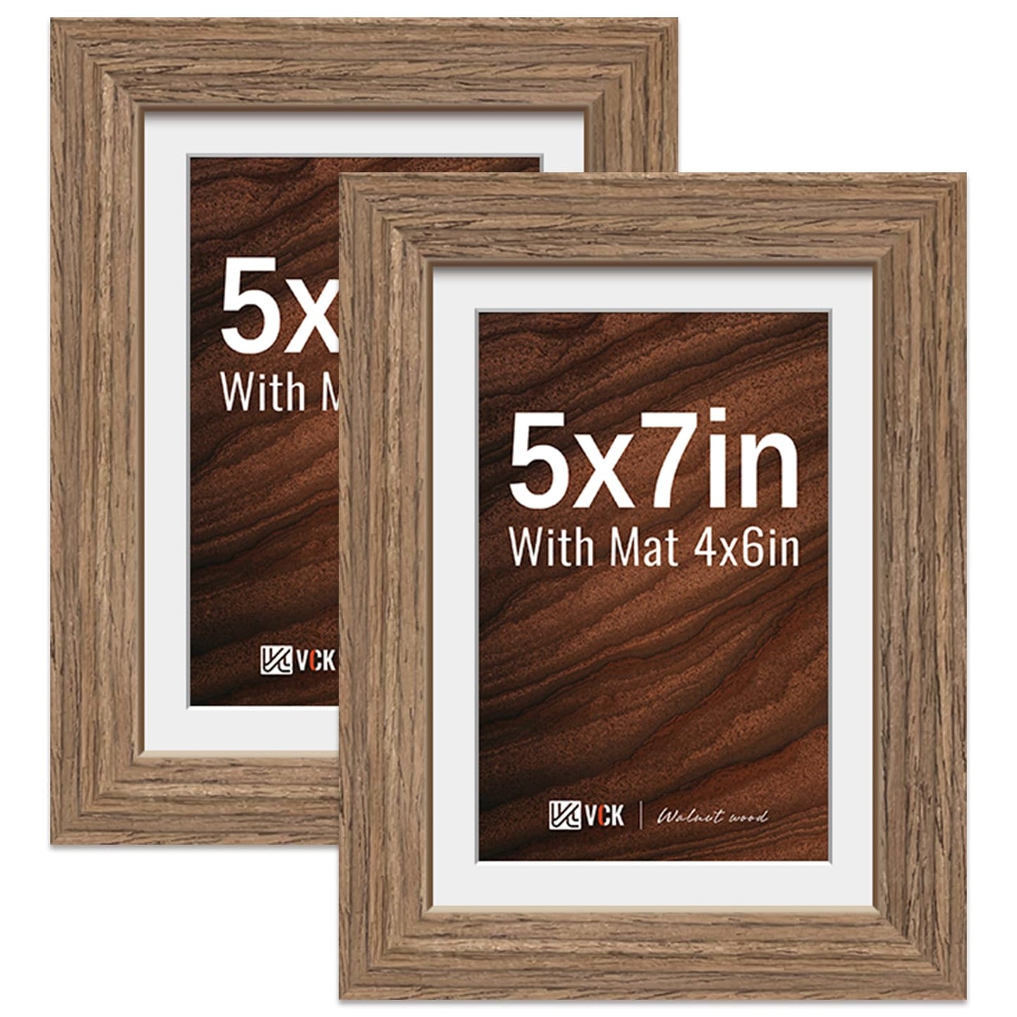VCK 5x7 Picture Frame 2 Pack - Walnut, High-End Wood Poster Frames with Tempered Glass, Display 4x6 Photo with Mat or 5x7 without Mat, Art Gallery-Quality, Wall Hanging/Tabletop, Walnut