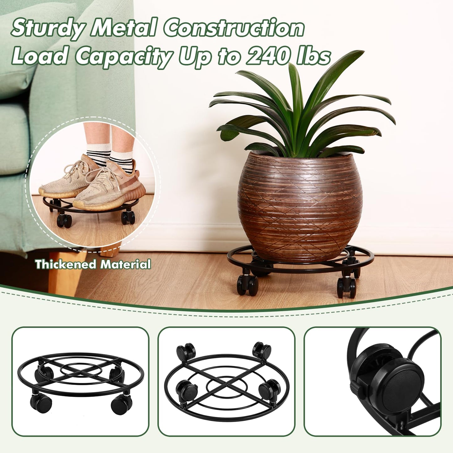 6 Packs Large Metal Plant Caddy 12" Heavy-duty Plant Dolly with PU Wheels Wrought Iron Rolling Plant Stand with Casters Indoor Outdoor Plant Pot Movers Planter Rollers Coaster Trolley, Black