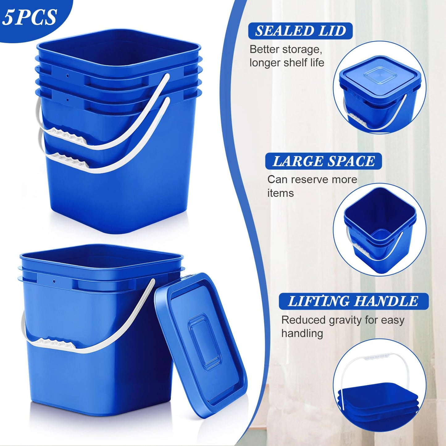 Mumufy 5 Pcs 3.5 Gallon Square Food Grade Bucket with Lid Square Bucket Pail Plastic Handles for Long Term Food Storage, Camping, Fishing, Home Organization Easy Stack and Store (Blue)