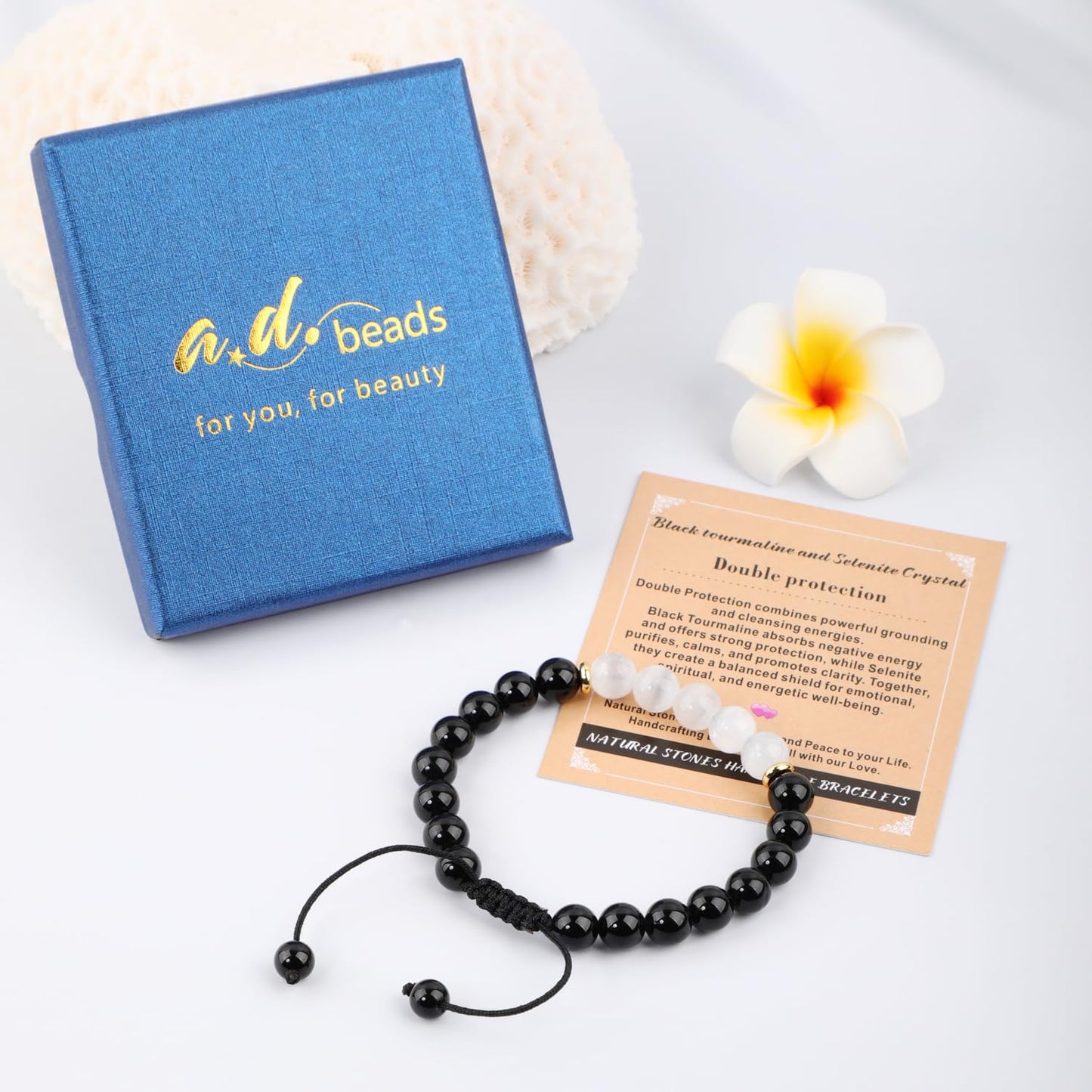AD Beads 8mm Black tourmaline + Selenite Crystal - Double protection - Handmade Natural Stone Crystal Bracelet with Adjustable Macrame String - Yoga Healing Power Energy Gifts for Men and Women