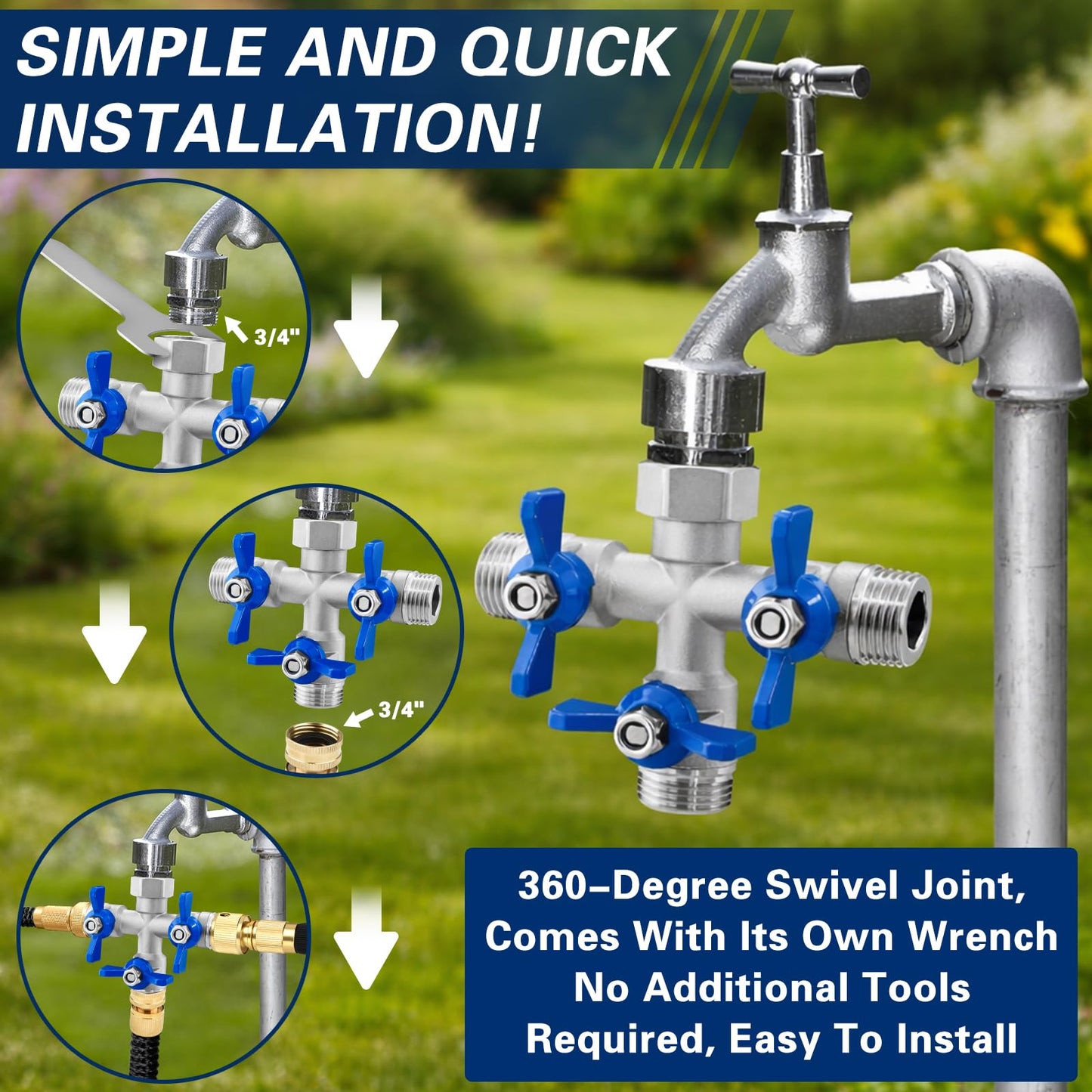 Cekwiet 304 Stainless Steel 3 Way Garden Hose Splitter, Heavy Duty Hose Splitter with 3 Shut-Off Valves, 3/4" GHT Outdoor Faucet Hose Adapter, Full Flow Water Hose Connector