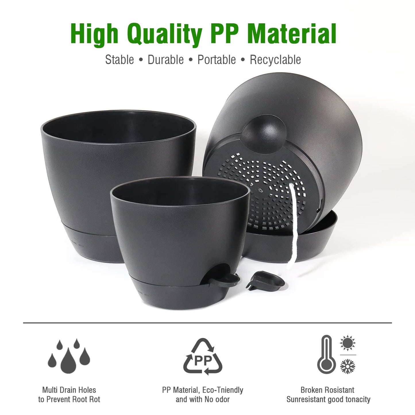 UOUZ Large Self Watering Pots, 12/10/9 Plastic Planters with High Drainage Holes and Deep Reservoir for Indoor Outdoor Garden Plants and Flowers, Black