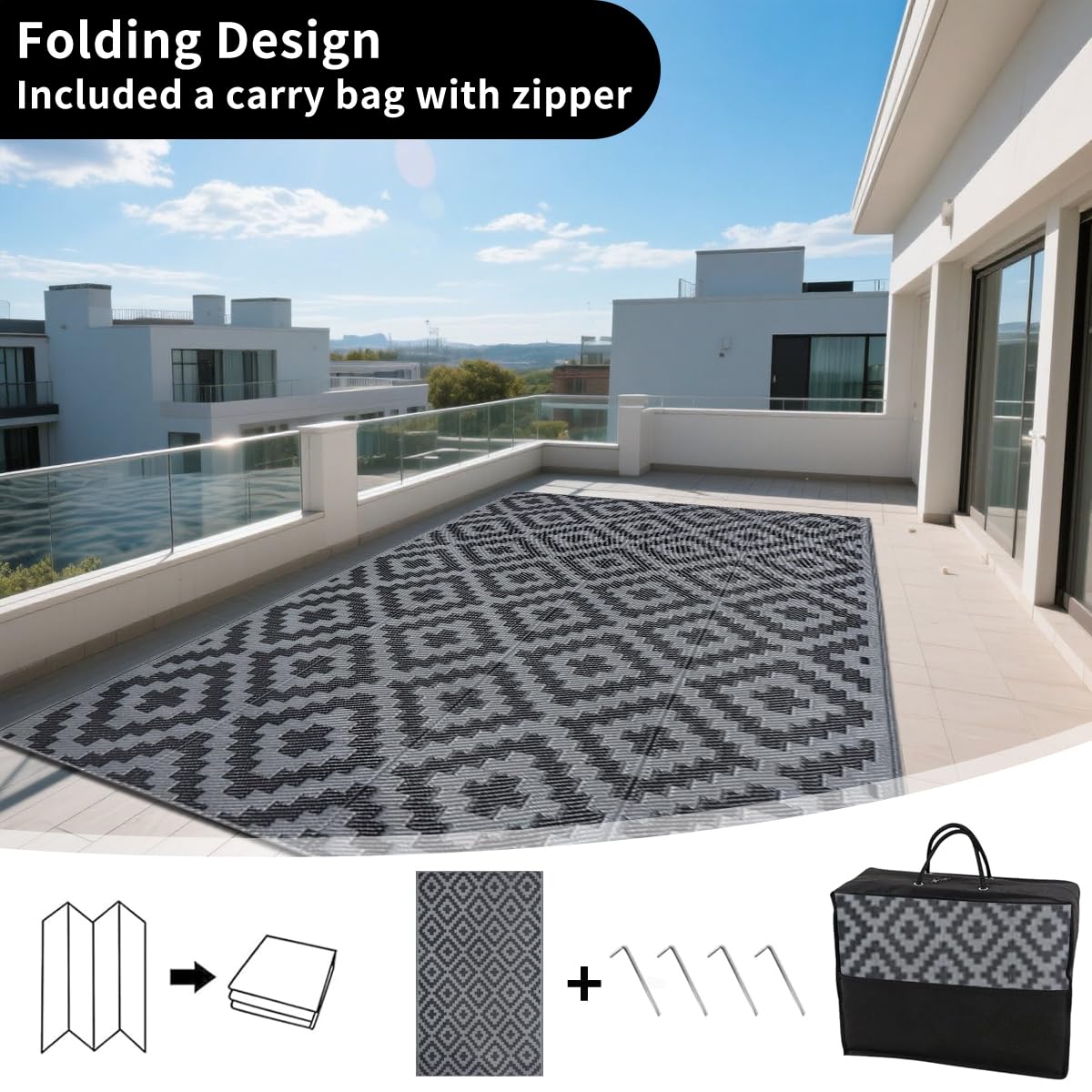 Waterproof Outdoor Rug Reversible Design Winter Snowproof Carrying Handbags Multiple Sizes Suitable for Patio Garden Beach Picnic RV Camp Garage Kids Room