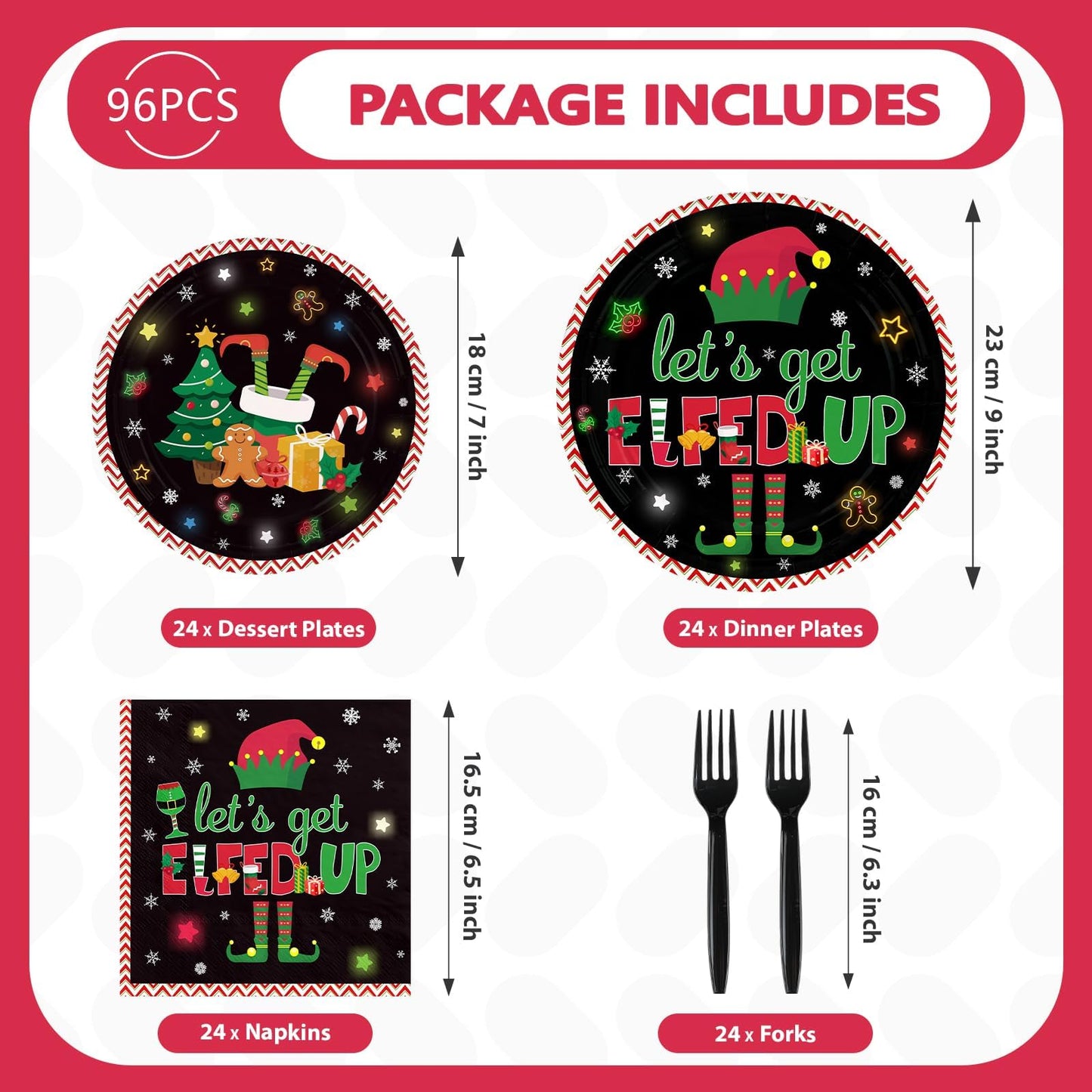 Greencian 96Pcs Winter Let's Get Elfed Up Party Decorations Santa Elf Paper Plates and Napkins Merry Christmas Disposable Tableware for Xmas Elf Party Decorations Supplies Serve 24