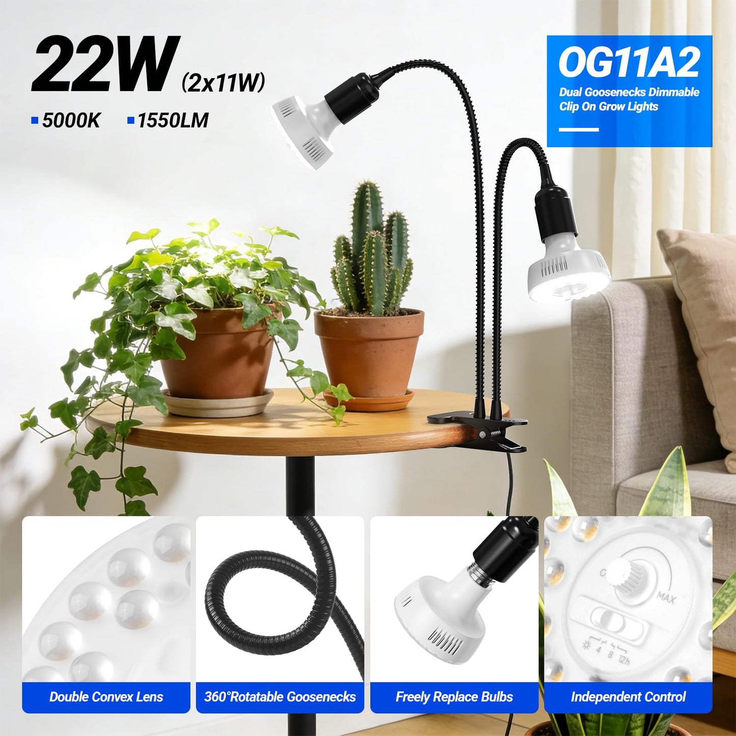 Barrina Orbgrow OG11A2 Clip On Grow Lights for Indoor Plants, Integrated Stepless Dimming & Timing, 5000K 22W(2 x 11W, 200 Watt Equiv), Full Spectrum 2-Gooseneck with E26 Plant Light Bulbs