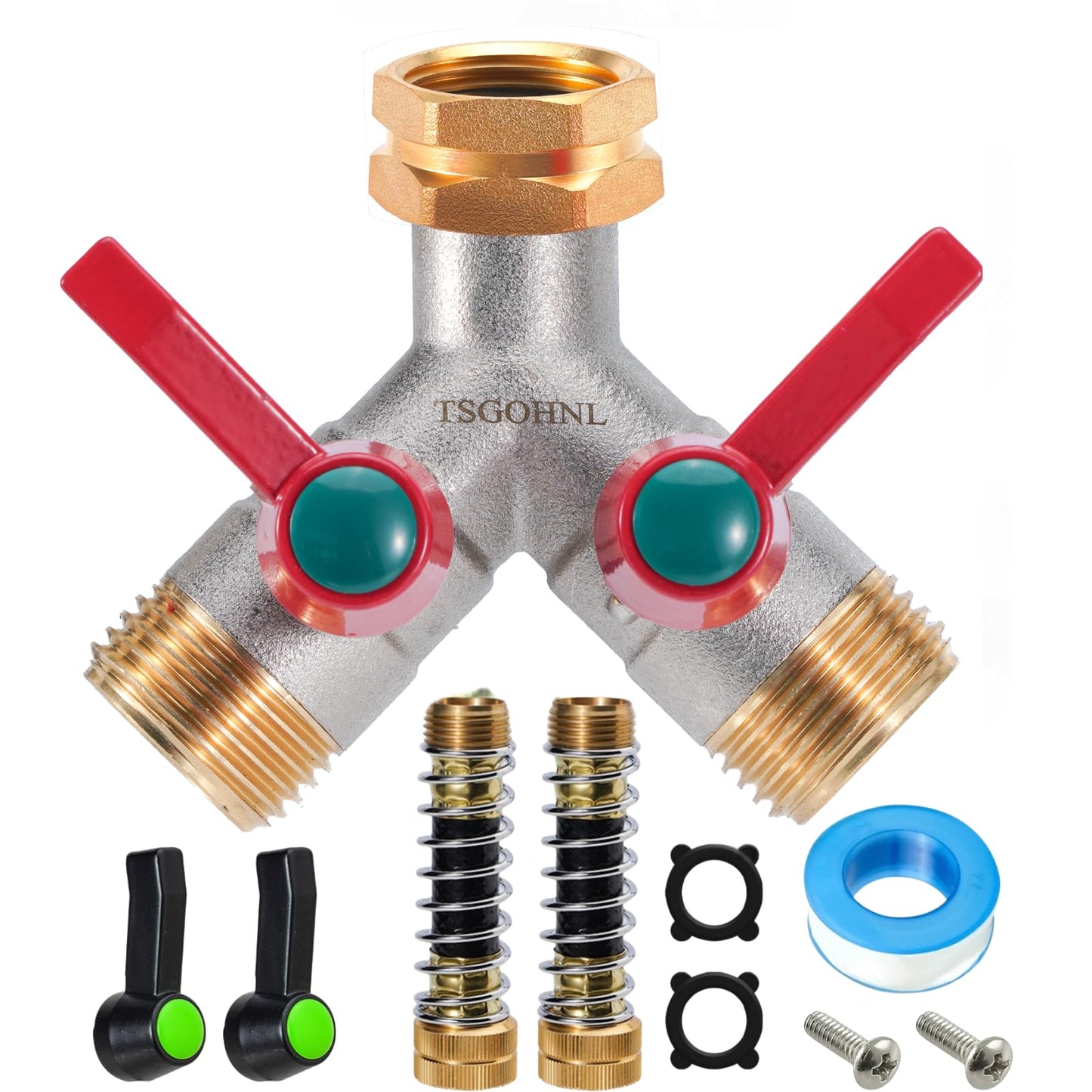 Hose Splitter 2 Way, Y-Valve Water Spigot Splitter, High Flow Faucet Splitter, 3/4" GHT Thickened Hexagonal Water Inlet with 2 Garden Hose Coiled Spring Protectors and 2 More Extension Handles