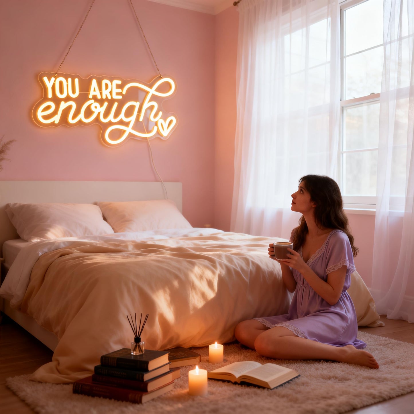 You Are Enough Neon Sign, Self Love Neon Light with Floral Decor, Motivational Wall Art for Bedroom, Therapy Office Decor, Mental Health Awareness Gift, USB Dimmable (16.5"x8.3")