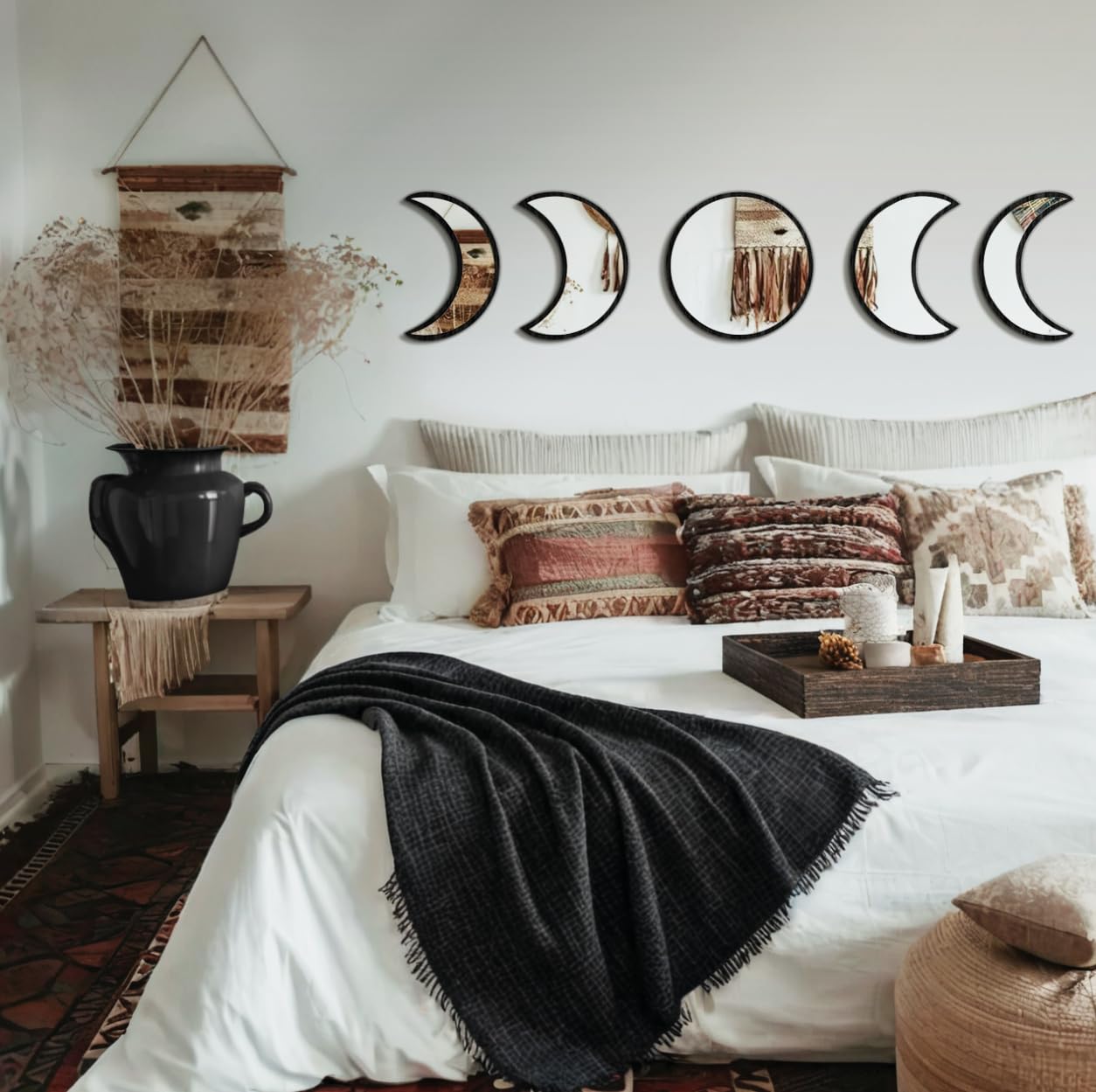 HMANGE 5-Piece Black Acrylic Moon Phase Wall Mirror Set - Shatterproof Safety Design, Easy Stick-On Installation, Boho Celestial Decor for Bedroom Living Room
