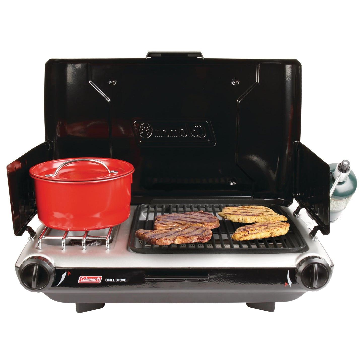 Coleman Tabletop 2-in-1 Camping Grill/Stove, 2-Burner Propane Grill & Stove with Adjustable Burners & 20,000 BTUs of Power, Great for Camping, Tailgating, Grilling