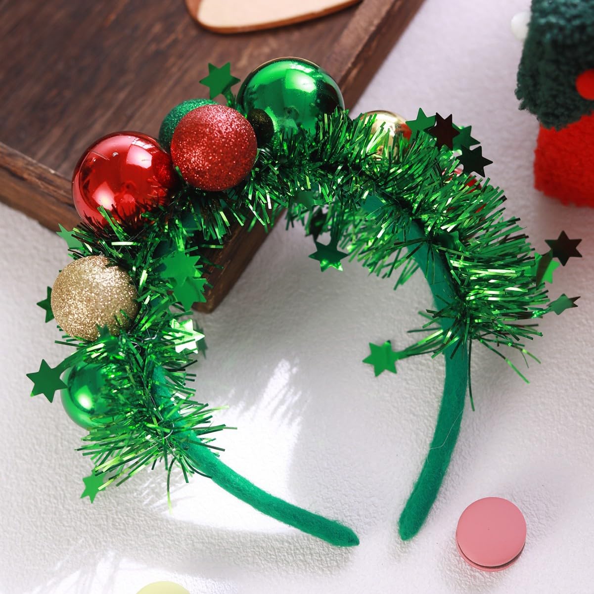 Ankelesz Christmas Headbands for Women, Red Green Balls Hair bands Cute Festive Party Hair Accessories