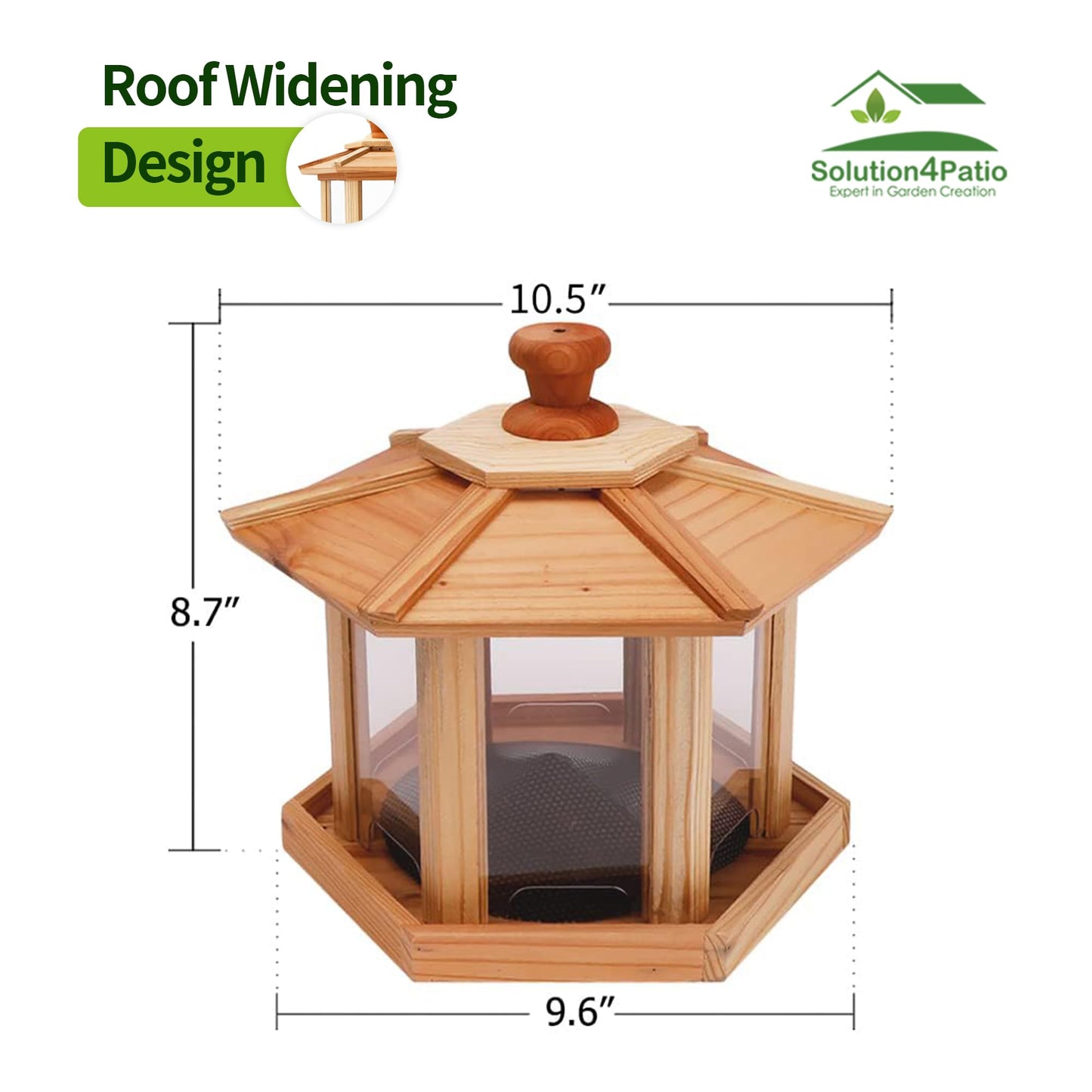 Solution4Patio Bird Feeder for Outdoors - USA Cedar Hexagon Gazebo Bird Feeders with Vented Mesh Tray, Easy-Clean & Fill Design 9.6" Dia. X 8.7" H 3.2-lb Capacity