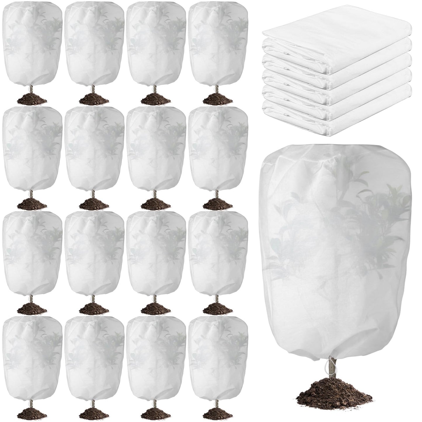 SATINIOR 16 Pcs 32 x 47 Inch Plant Covers Freeze Protection, Reusable Plant Protector Frost Cloth Warm Blankets, Winter Bush Tree Cover with Drawstring Outdoor (White)