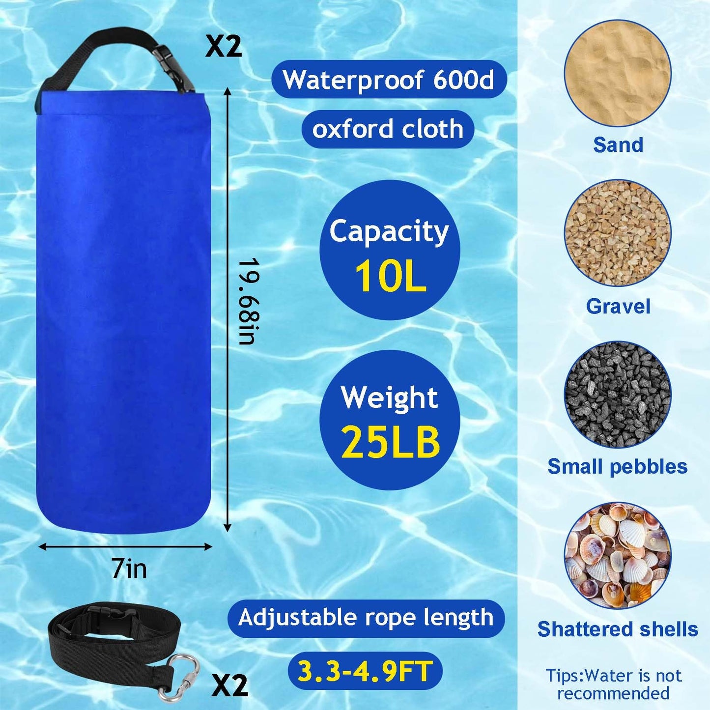 2Pack 10L Beach Umbrella Weight Sand Bags 25lbs 600D Oxford Cloth Heavy Duty Sun Umbrella Sand Anchor Portable Fillable Summer Sunshade Canopy Tent Sandbag Stand Holder for Outdoor High Wind Resistant