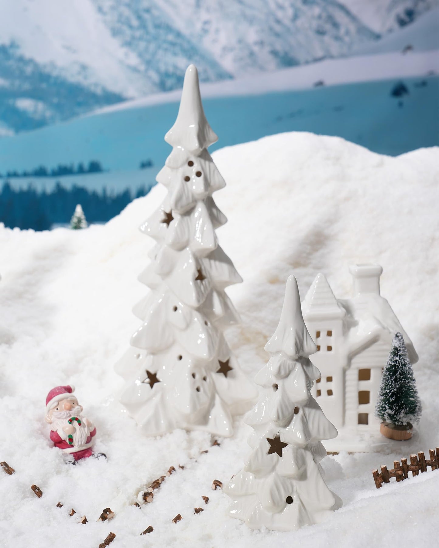 DN DECONATION White Ceramic Christmas Trees that Light Up, 2Pcs Porcelain Christmas Tree with Lights, Stars and Dots Cutout Prelit Tabletop Xmas Tree Figurines for Mantle Neutral Christmas Decor, Gift