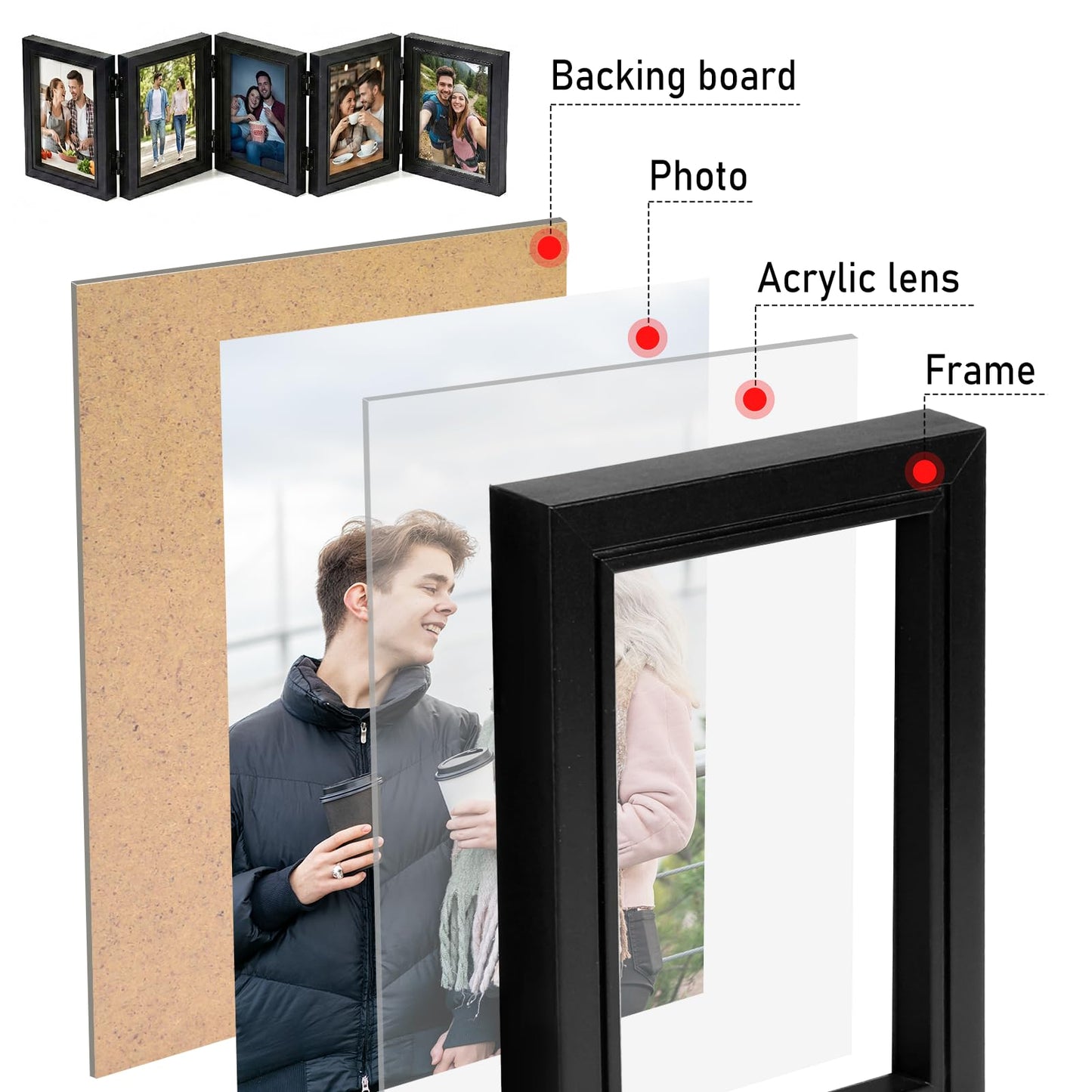 5 Folding Hinged Picture Frame 3.5 x 5 Inches High Definition Natural Wood Collage Mounts Rustic Wood Desk Family Photo Collage Stand Vertical on Tabletop Foldable Photo Frame for Family Birthday