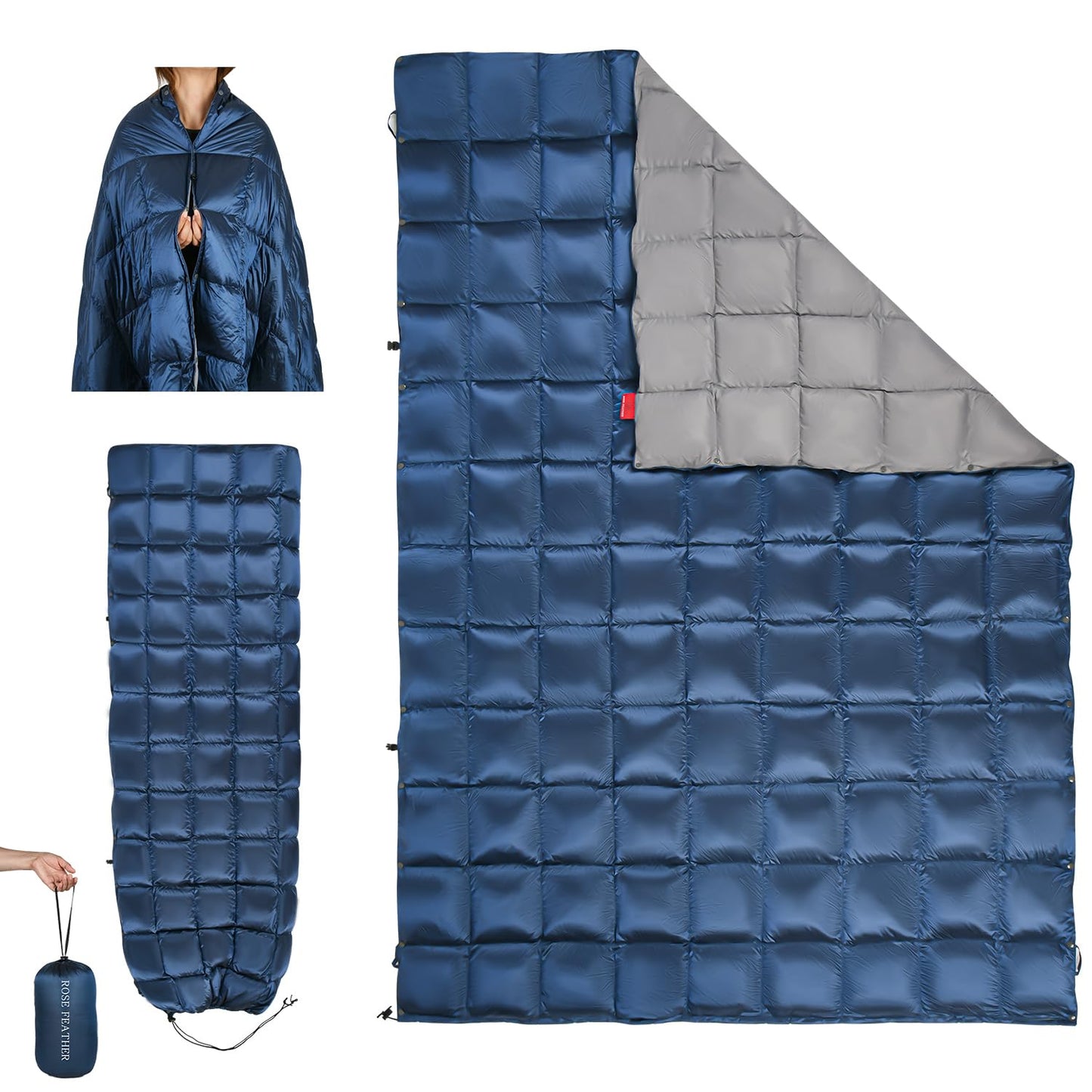 ROSE FEATHER Down Camping Blanket, Lightweight Outdoor Travel Blanket, Puffy Sleeping Bag Blanket, Waterproof Packable Backpacking Quilt for Camping,Travel, Airplane,Hiking,Picnic, 55''x79'' (Blue)