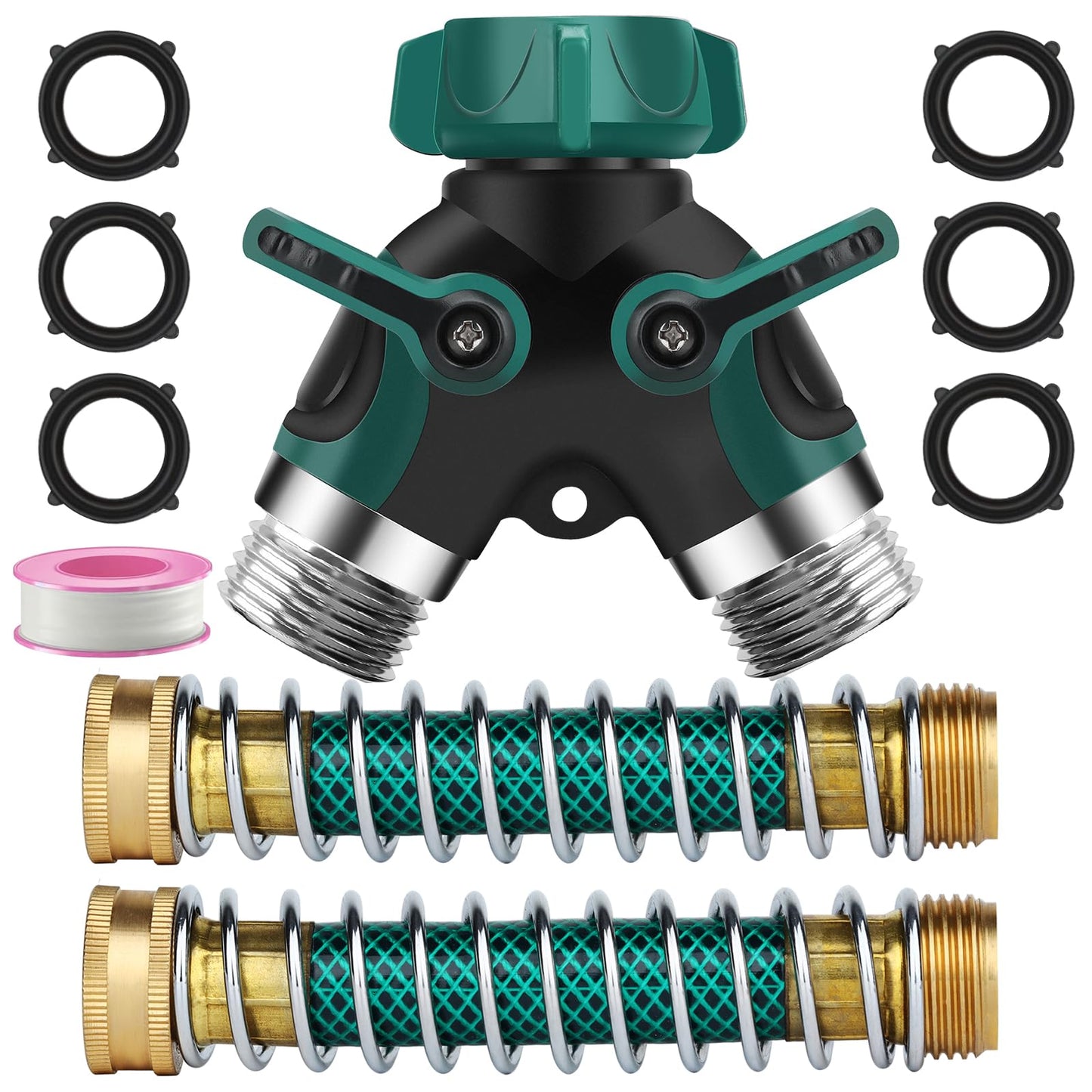 Garden Hose Splitter 2 Way, 3/4" Y Water Hose Splitter with Comfort Rubber Long Handle, Faucet Splitter, Heavy Duty Metal Connector with 2 Kink Free Faucet Extension Hose Protector