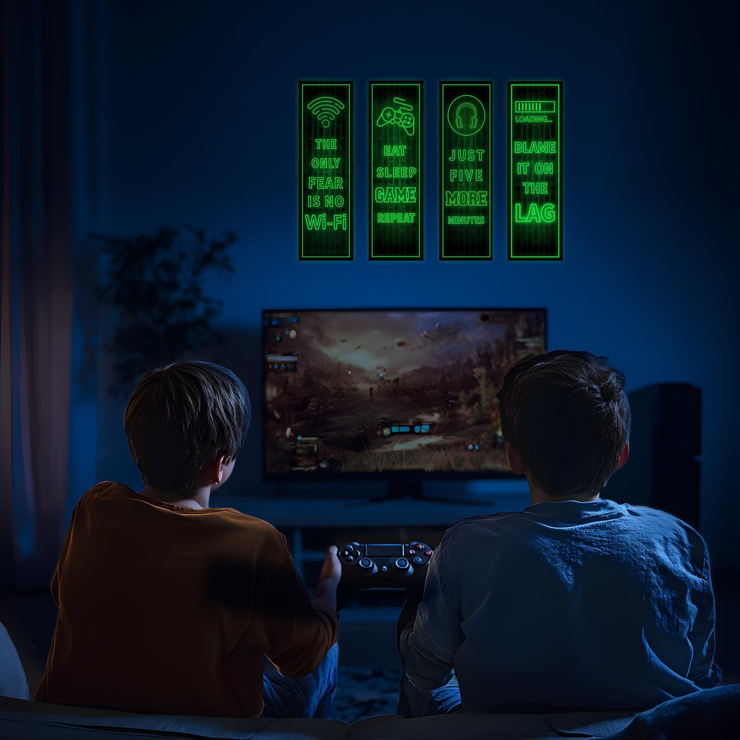 Eat Sleep Game Wall Decals Glow in The Dark, Gamer Controller Stickers Decor for Boy Bedroom, Joystick Video Gaming Kids Playroom Nursery Decoration (Green)