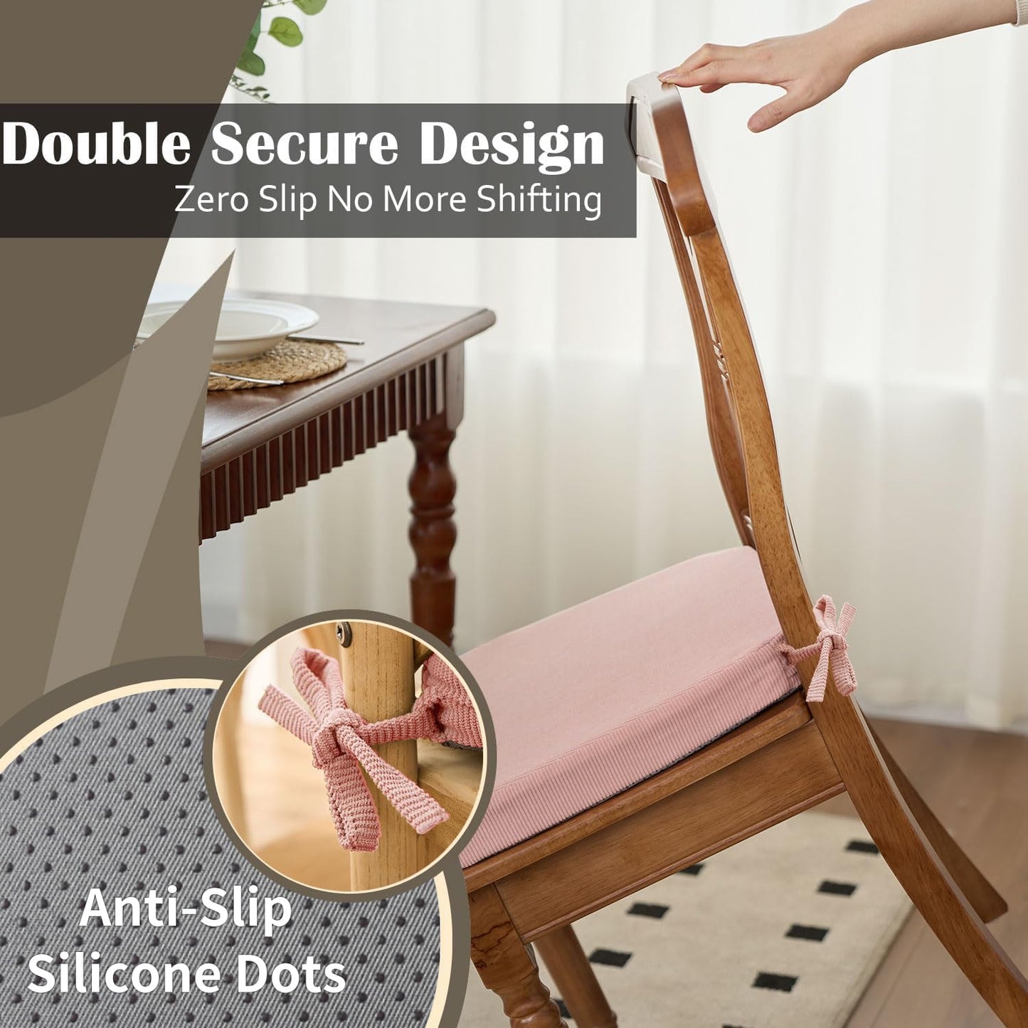 Nobildonna 2'' Thick High-Density Foam Indoor Chair Cushions | Dining Chair Pads with Ties, Removable Washable Cover, Kitchen Chair Cushions 17"x16", Pink 4 Pack